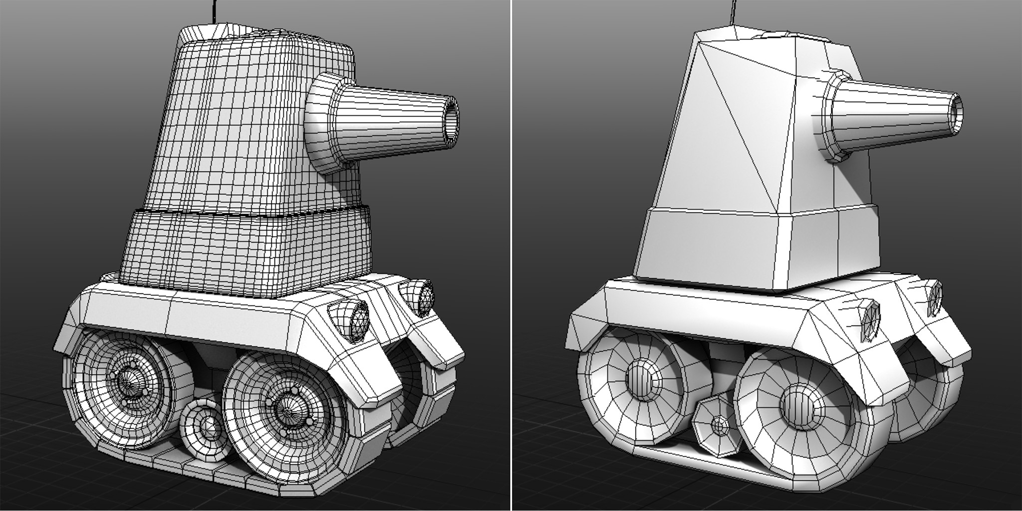 The original model for the tank was nearly 50,000 tris when it was given to me. I reduced it to fewer than 3,000.

Mesh optimized in Modo.