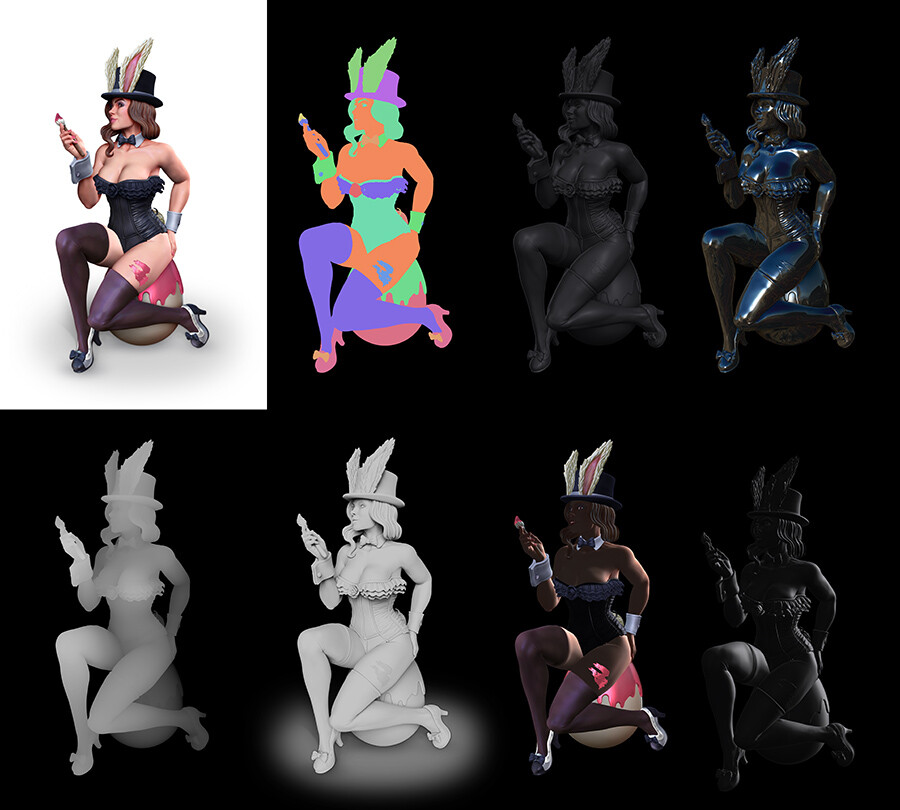 Some of the render passes from Zbrush used in the comp