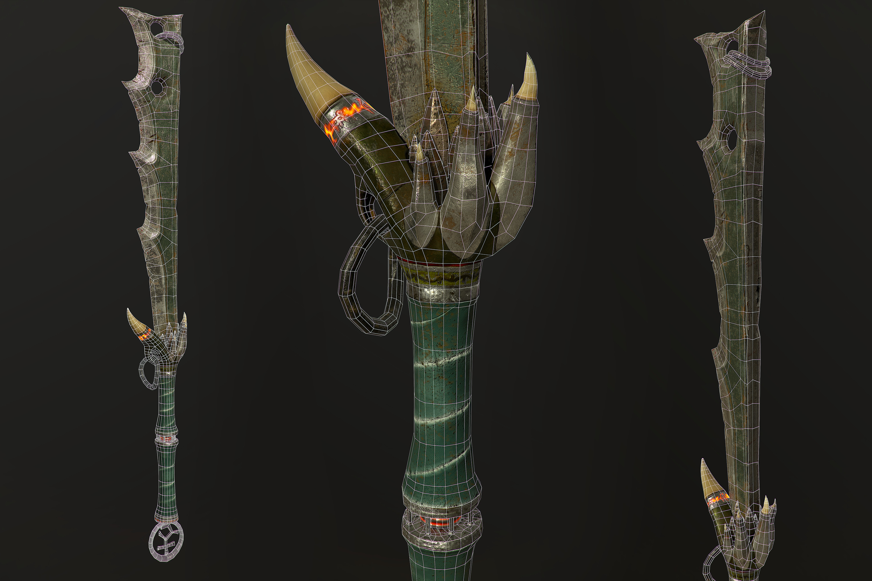 Wireframe W/Textures
 Just below 8k triangles(I believe I can go a lot lower, I forgot to retopologise the rings and lose some edge loops around the hilt)