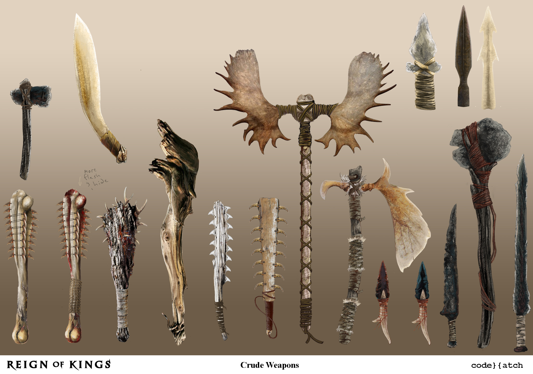 Some early tier weapons made from rough materials.