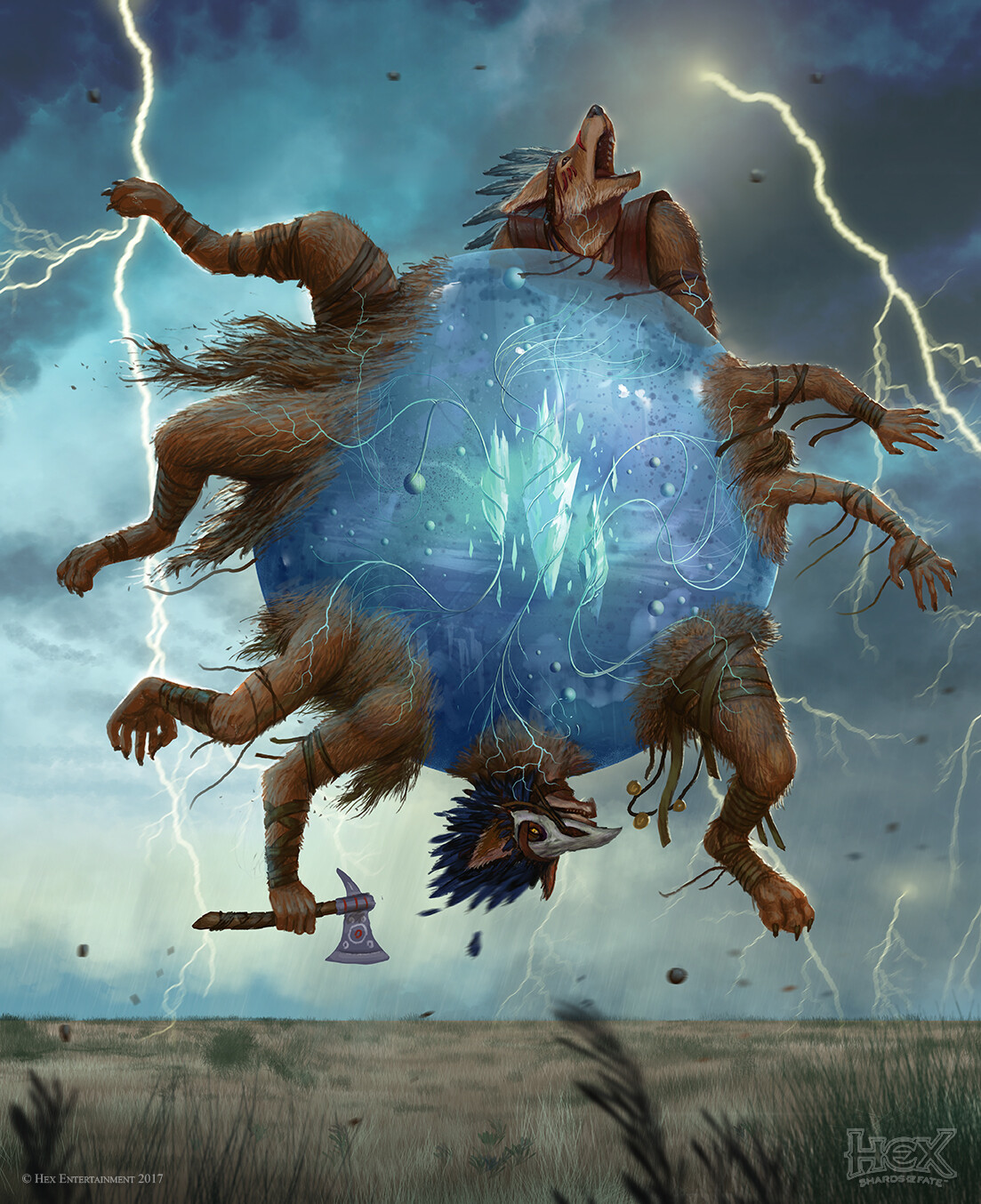 Stormsight Apocalyte.
Card art for HEX. Apocalytes are spherical gelatinois alien bizarre beings that kills and collects parts of other beings, coyotles this time, whic is an iconic creature of this game, some sort of anthropomorphic coyotes.