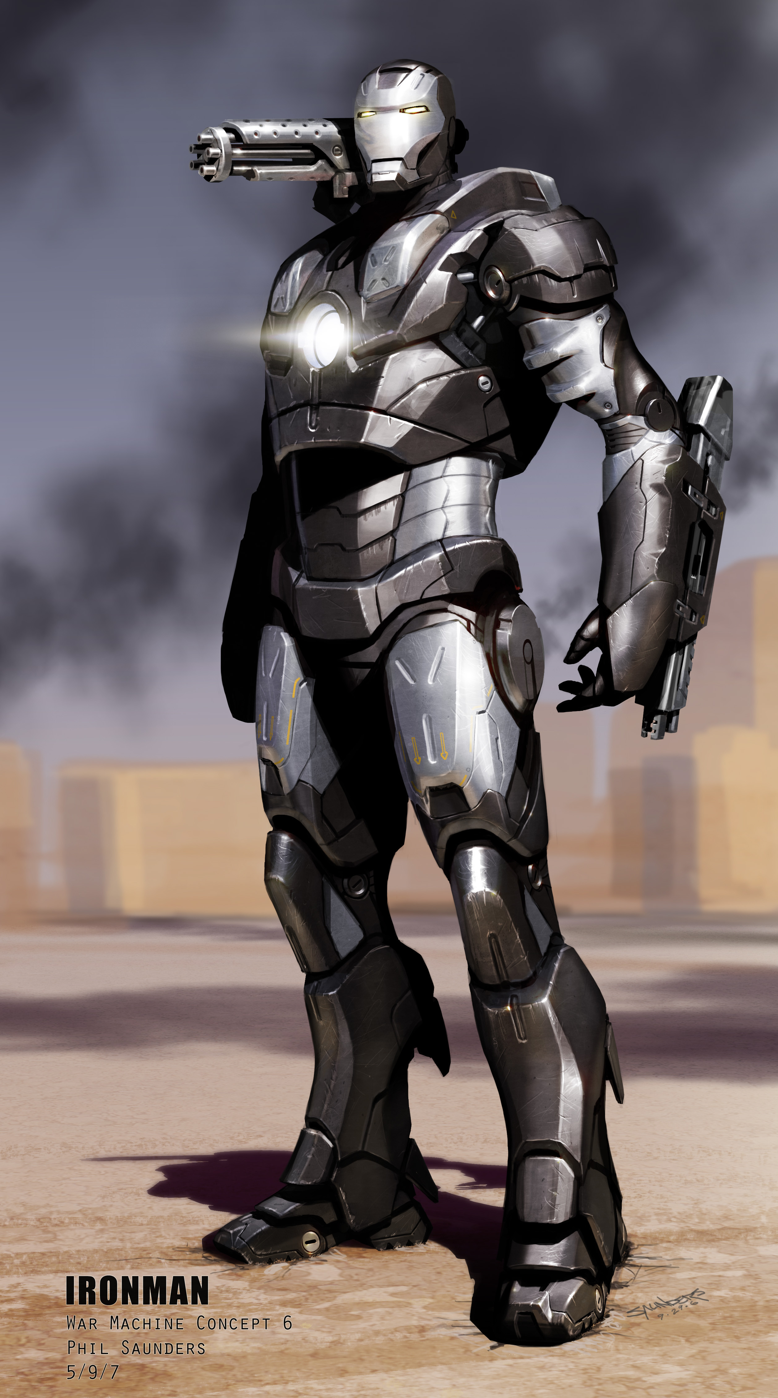 Final pass at War Machine in his traditional colors. Near the end of the project they wanted to see what the design would look like as an actual War Machine design, anticipating Iron Man 2.