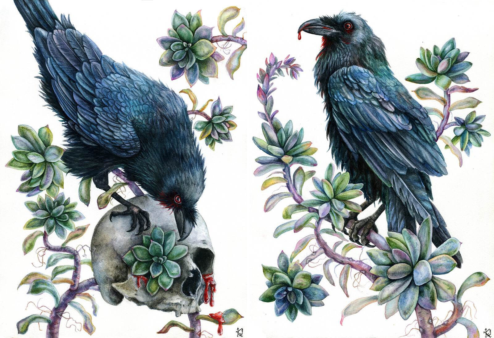 Huginn &amp; Muninn, watercolor on paper 9"х12" each.