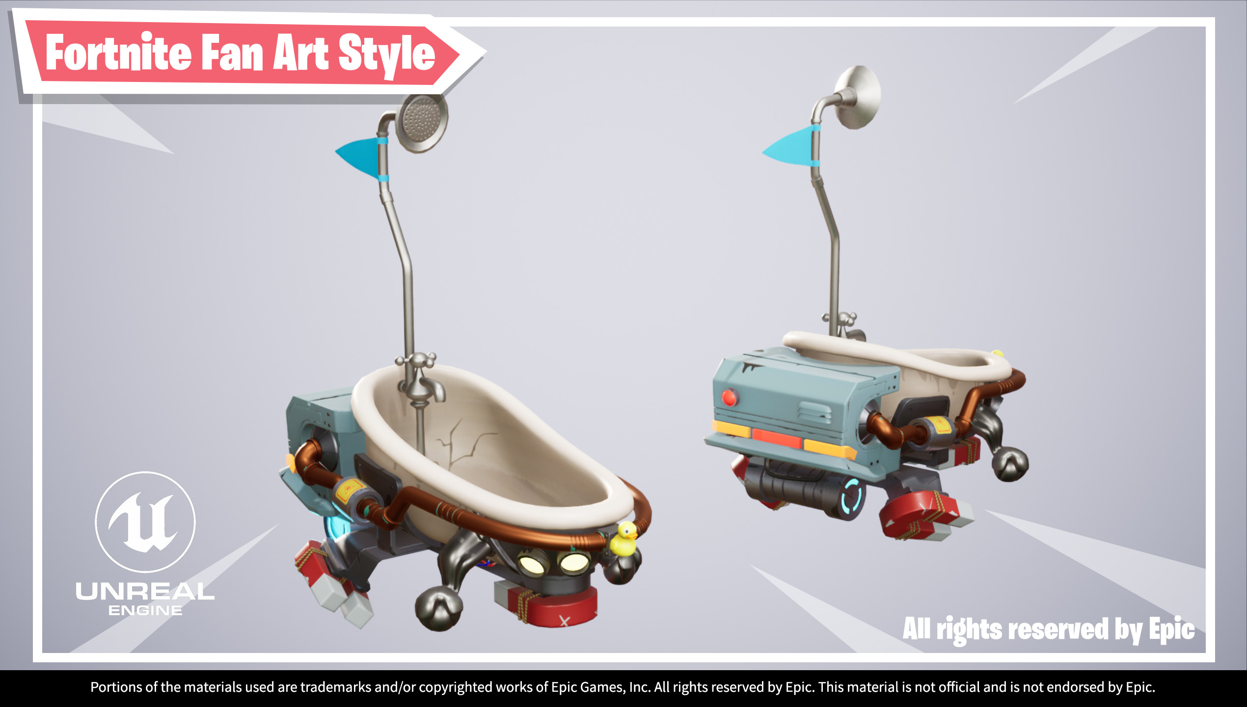 UE4 screenshot of Hover Bath Tub, multi angle view shot in grey background.


