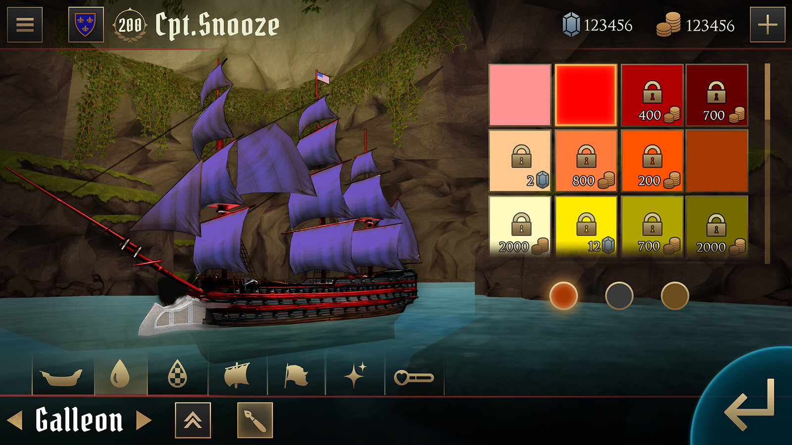 Ship customization UI, colors section. each ship (and its add-ons) would have three areas to assign a color to. Selecting the color slot and pressing a color allowed for a preview on the ship model. pressing it again would equip the color to that slot.