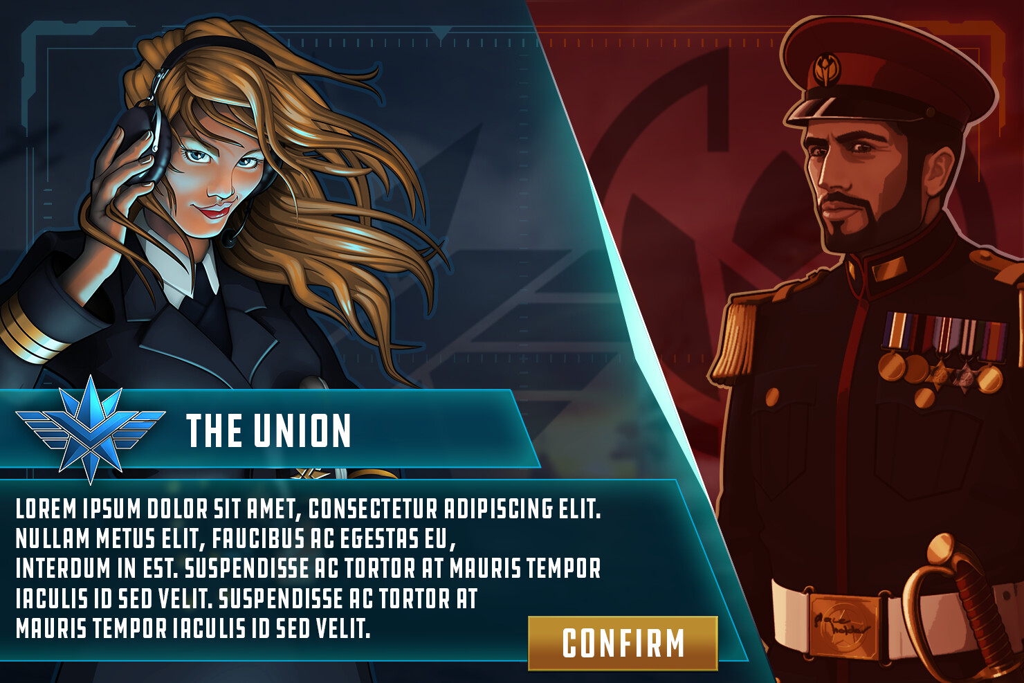 UI concept for the faction selection screen. Faction leader character illustrations done by Anneke Mikkers. 