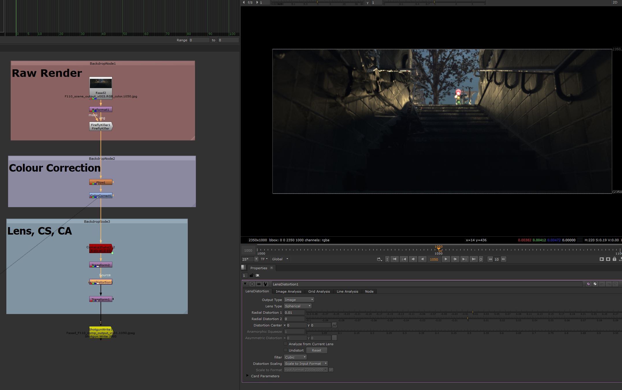 Nuke was used for optical flares, vignette, lens distortion, camera shake and chromatic aberration.