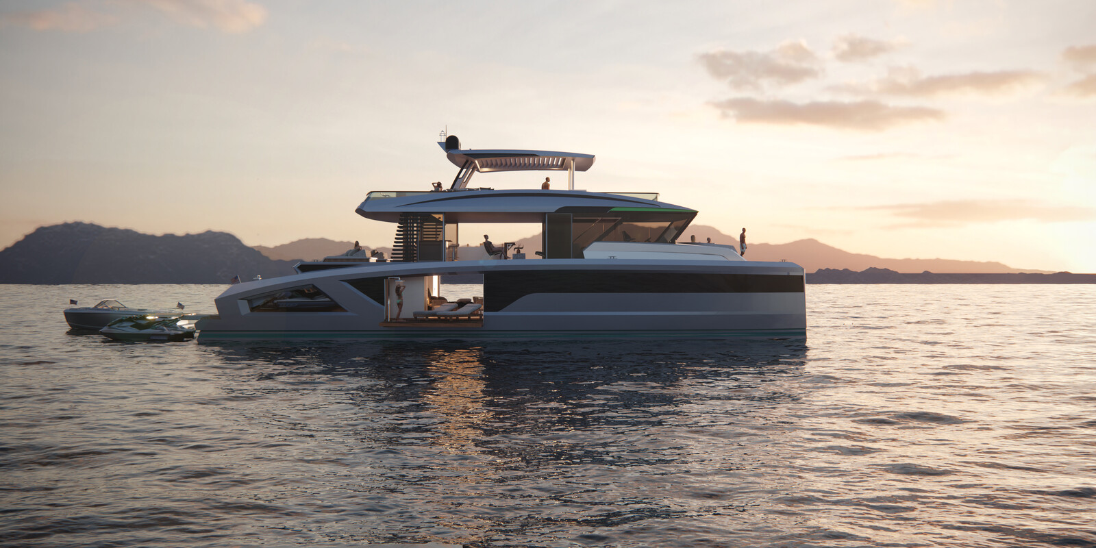 3D render of a super-yacht side-on at dusk captured from eye-level in still water with an island in the distance

