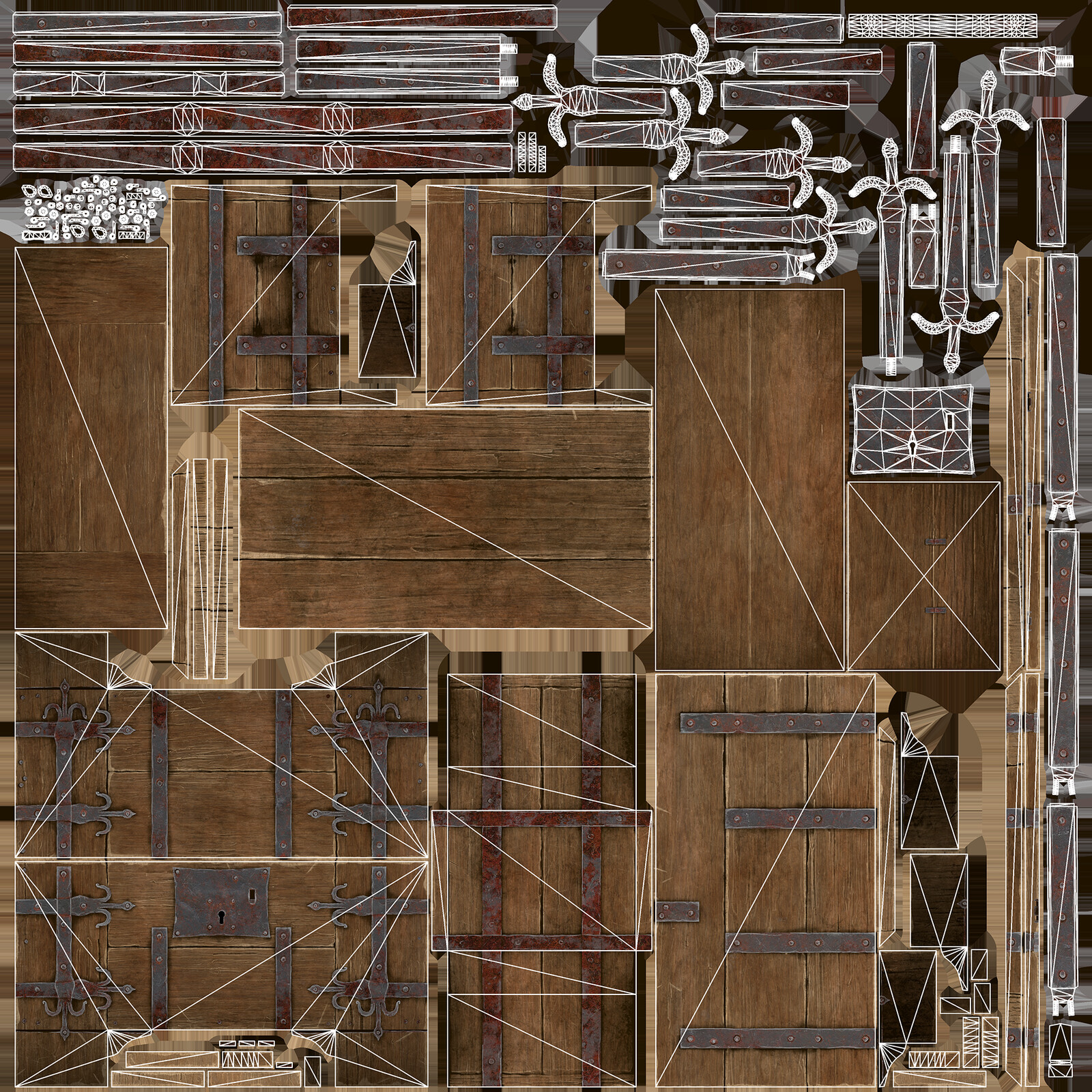 I baked the Iron fittings on to the wood texture to be used in lower LODs.