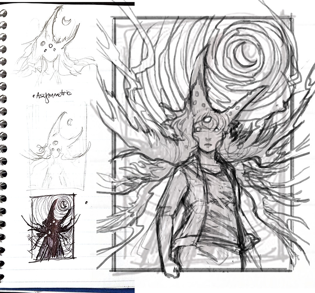 Sketches were done in a notebook, photographed, then drawn over in Photoshop (right). 