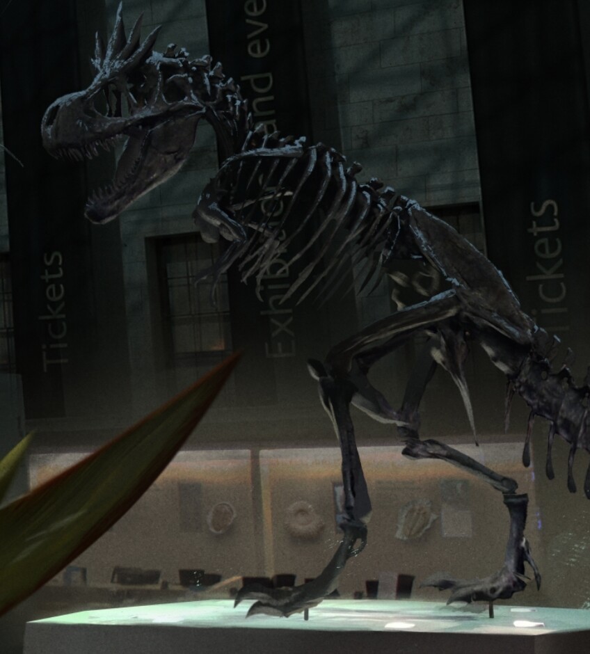 Tyrantrum skeleton with omanyte and kabuto fossils in the case.