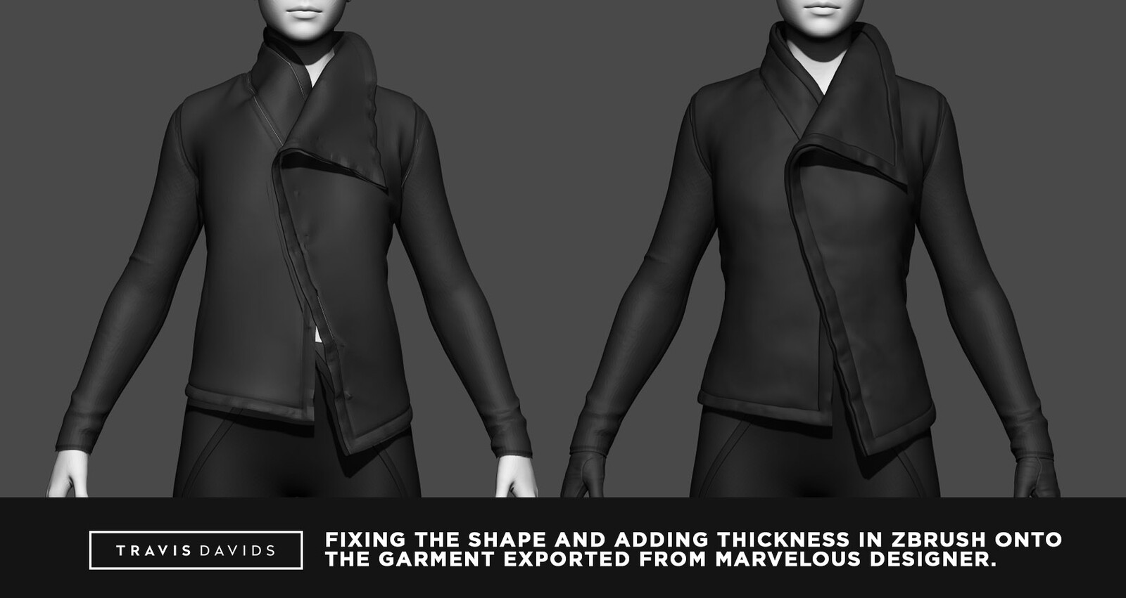 Zbrush plays a very important role in finalizing garments and fixing shapes that would be too difficult to simulate with MD. I also add thickness to my garment in Zbrush instead of MD. 