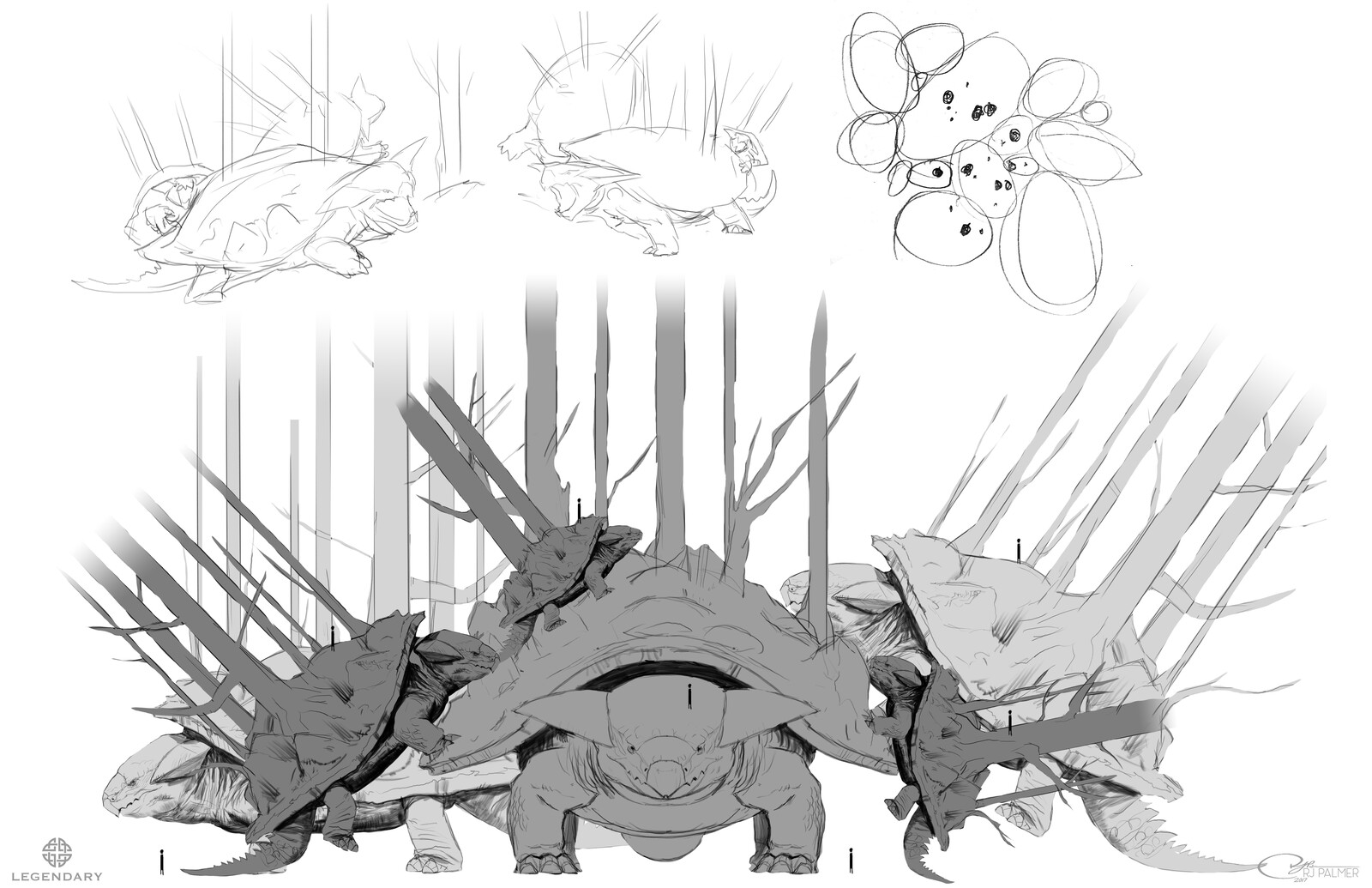 A diagram for a potential set piece featuring many torterra of disparate sizes.
