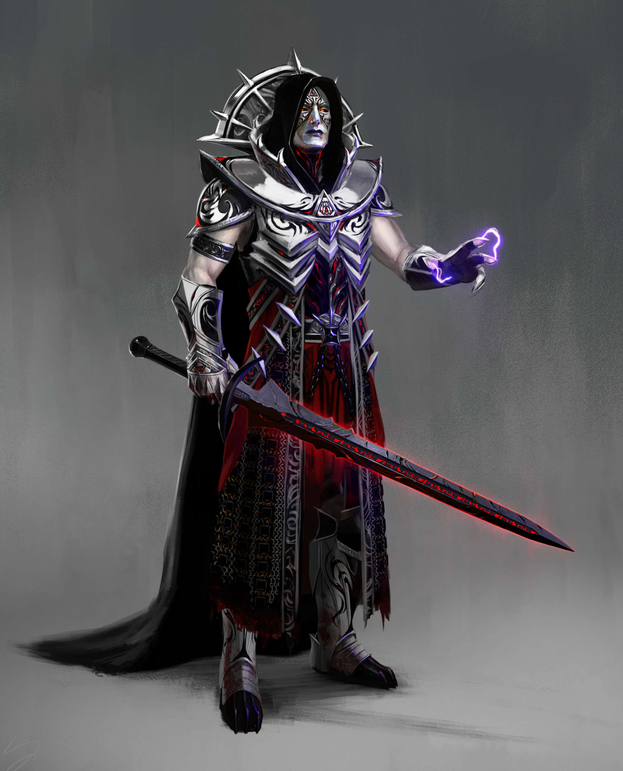 A decorative armor design of a Sith lord of old with his war sword.  I was inspired by Kingdom of Heaven's King Baldwin and Venetian Carnival masks.  
