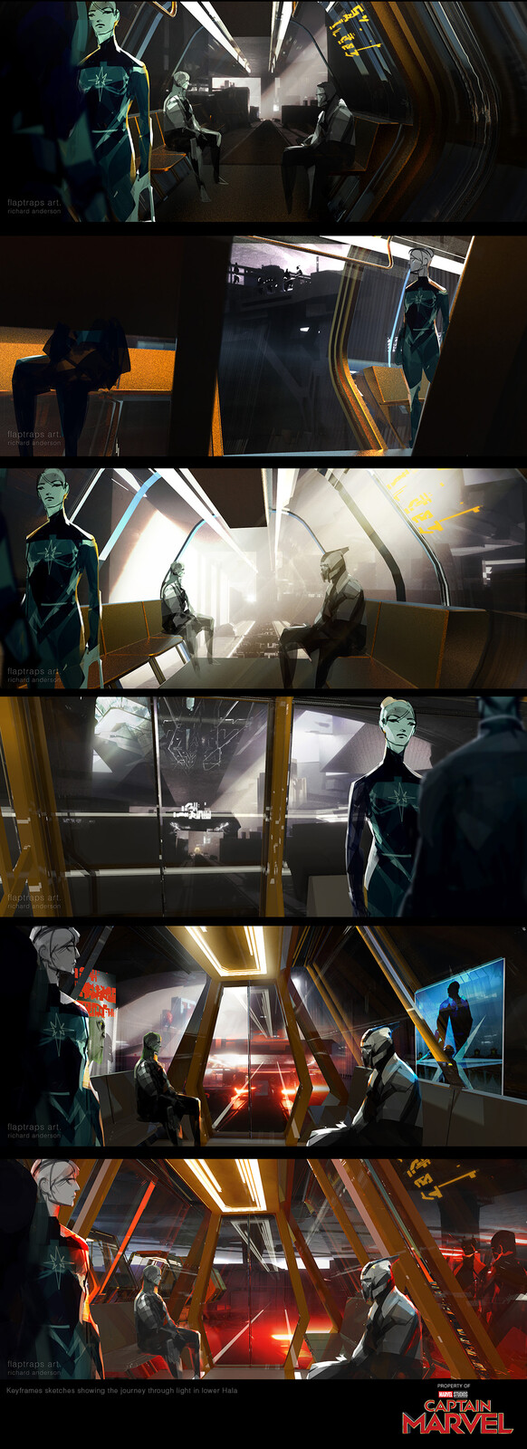quick sketches showing  what the journey from lower Hala to upper Hala would look like focusing on light changes, reflections and rim lighting. Andy had a great idea of how light could change on the journey and the colors to use.
