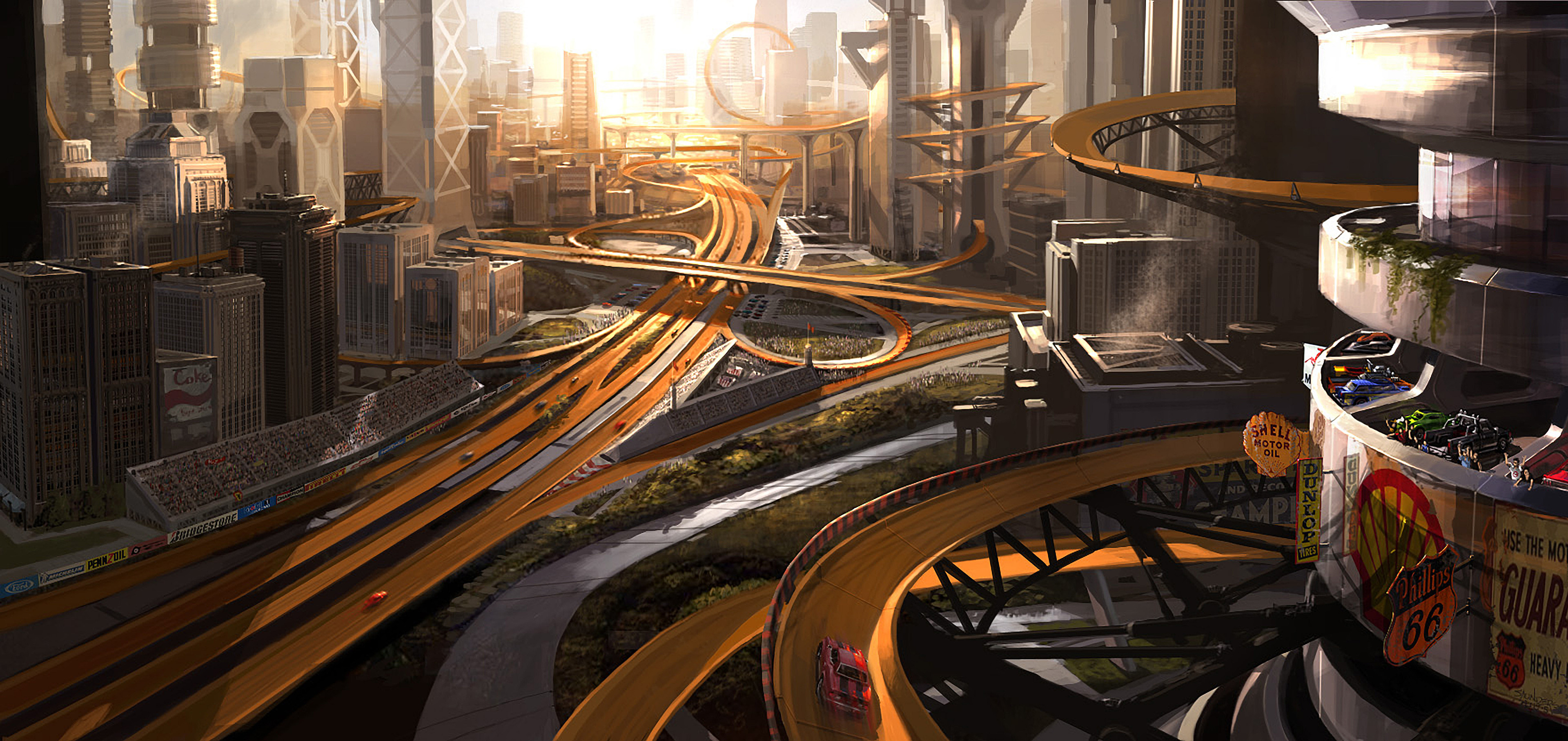 An overview of Motor City. This image was a test to see how the orange tracks would work in an urban setting.