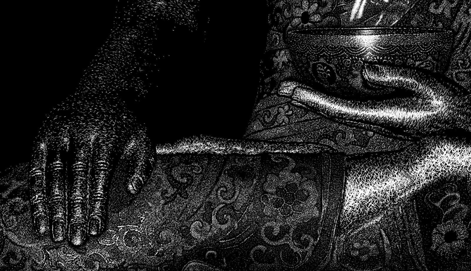 Buddha, hands close-up
Digital scratchboard, june 2019