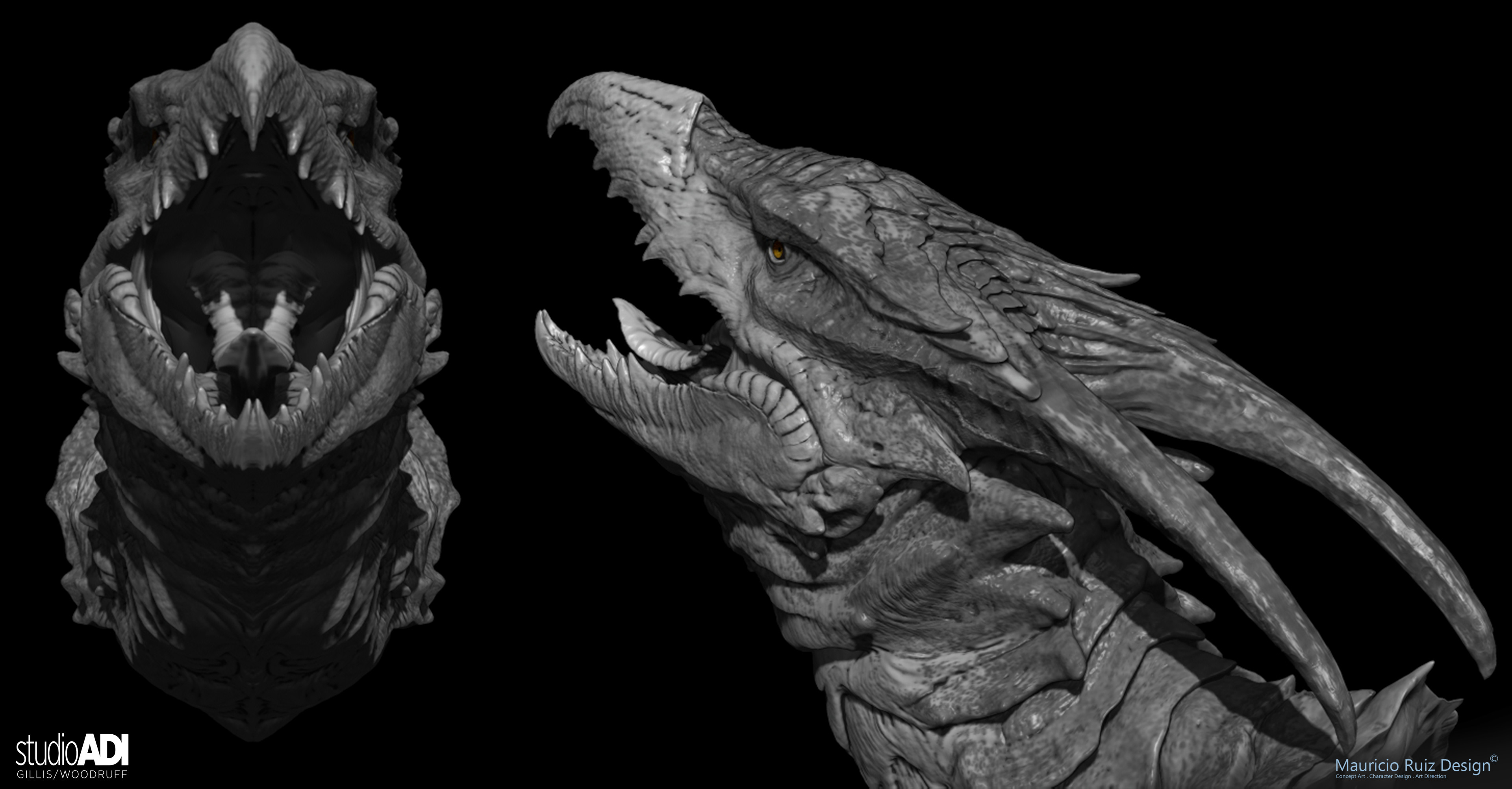 The following images show the Final sculpt for Rodan's head with Black &amp; White Polypaint color added in ZBrush.