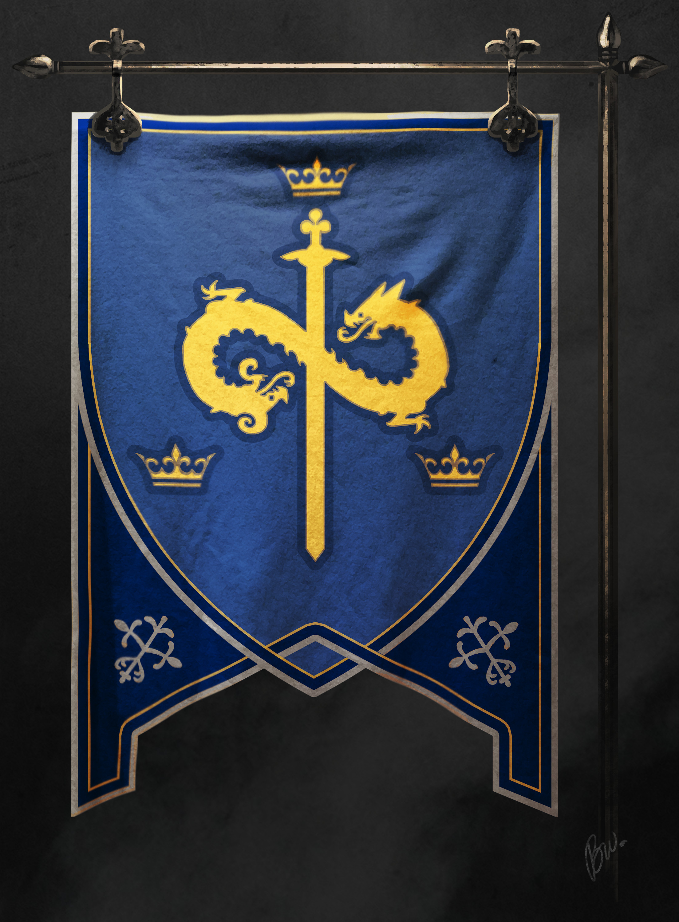 the dragons represent the Pendragon family in the form of an infinity logo (sort of) to represent the Once and Future King over the three kingdoms(crowns) and with excalibur in hand(the sword). 