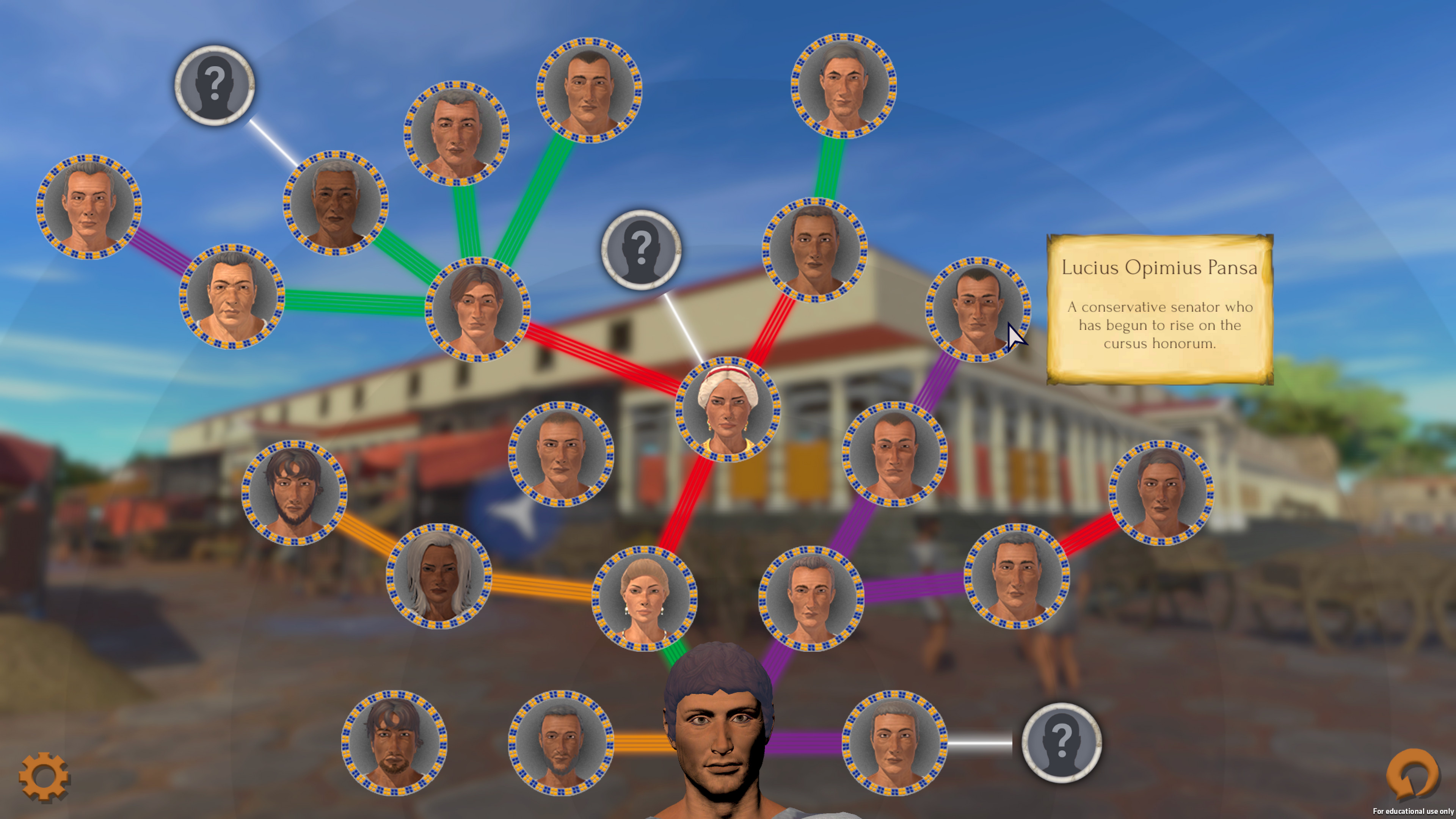 The Catena menu illustrates the relationships between the people the player has met and themselves. It also signals what virtue bonuses the player can gain from completing objectives linked to different characters.