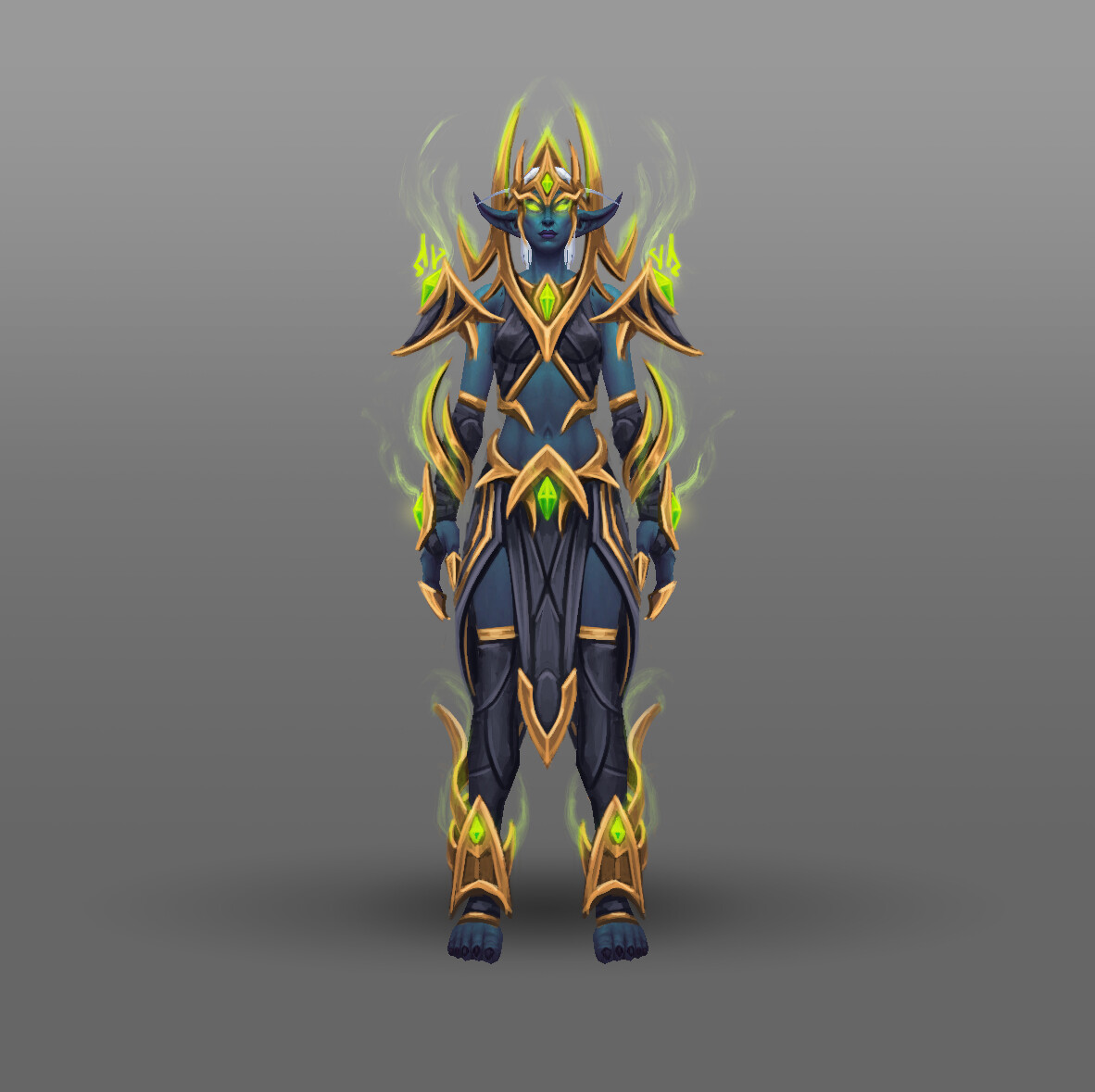 Warlock
Went with a general nightborne design with the legion colour scheme. Initially I was thinking about mixing in some Nightfallen design elements like rags, giving them an outcast vibe, but I decided against it in the end.