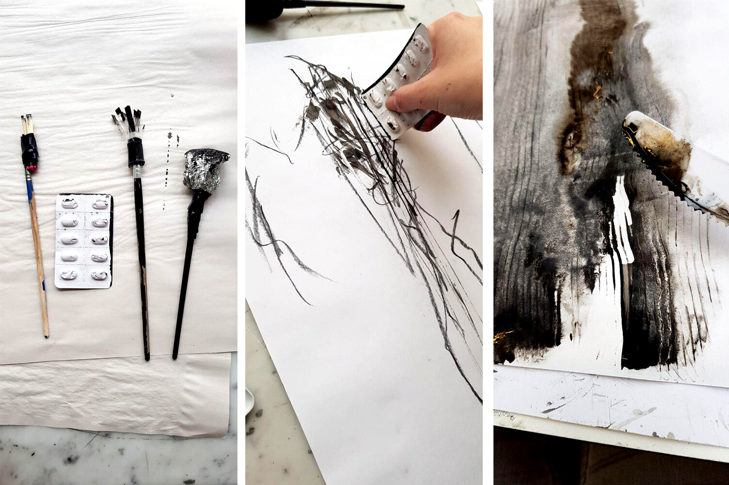 I created my own tools and brushes to use with liquid ink. For some illustrations I really wanted to give up control and then use the results.