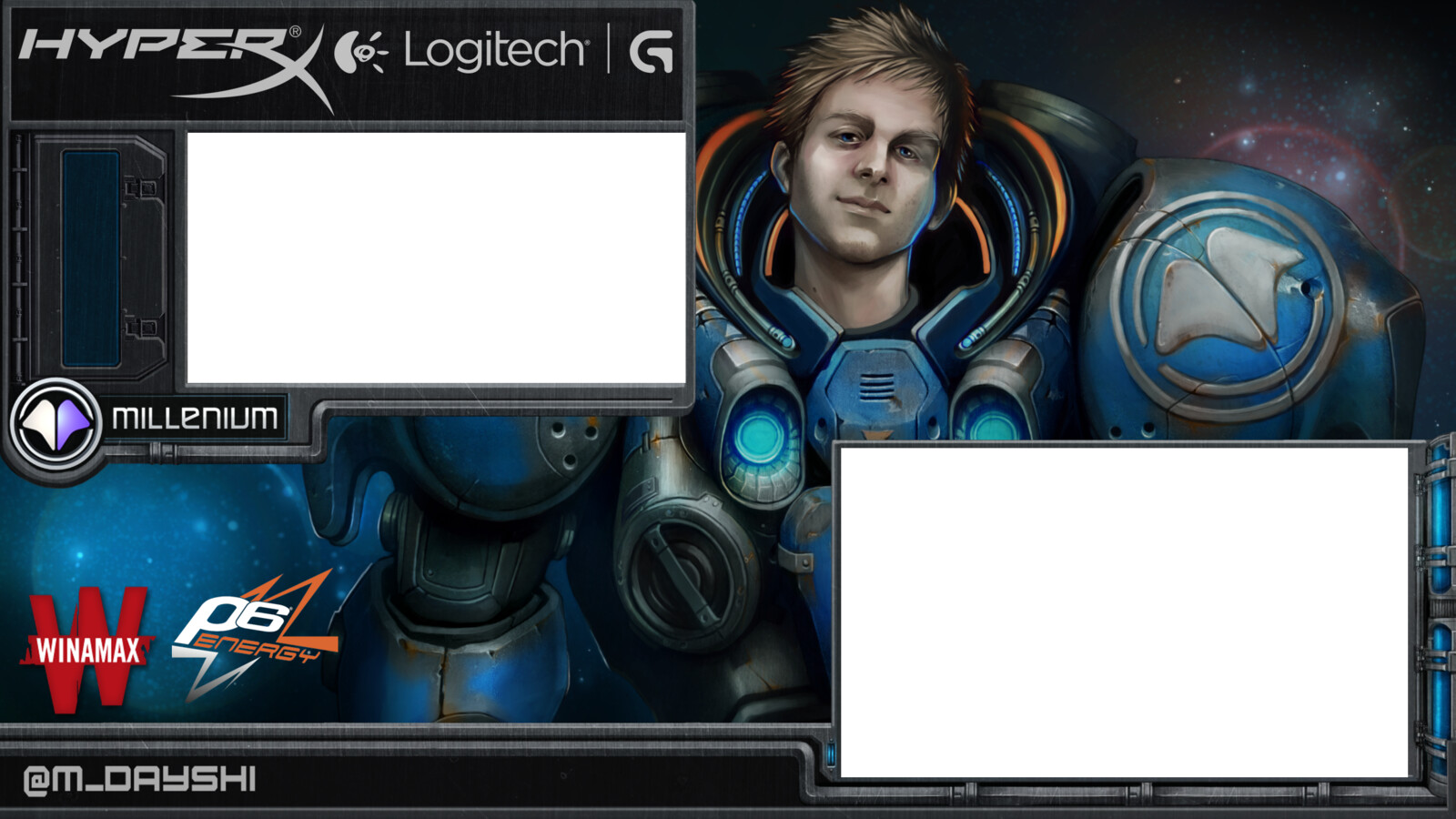 The pro Starcraft player Dayshi commissioned artwork for his Twitch channel. I created a waiting screen/wallpaper as well as overlay HUD's for the games he streamed most often.