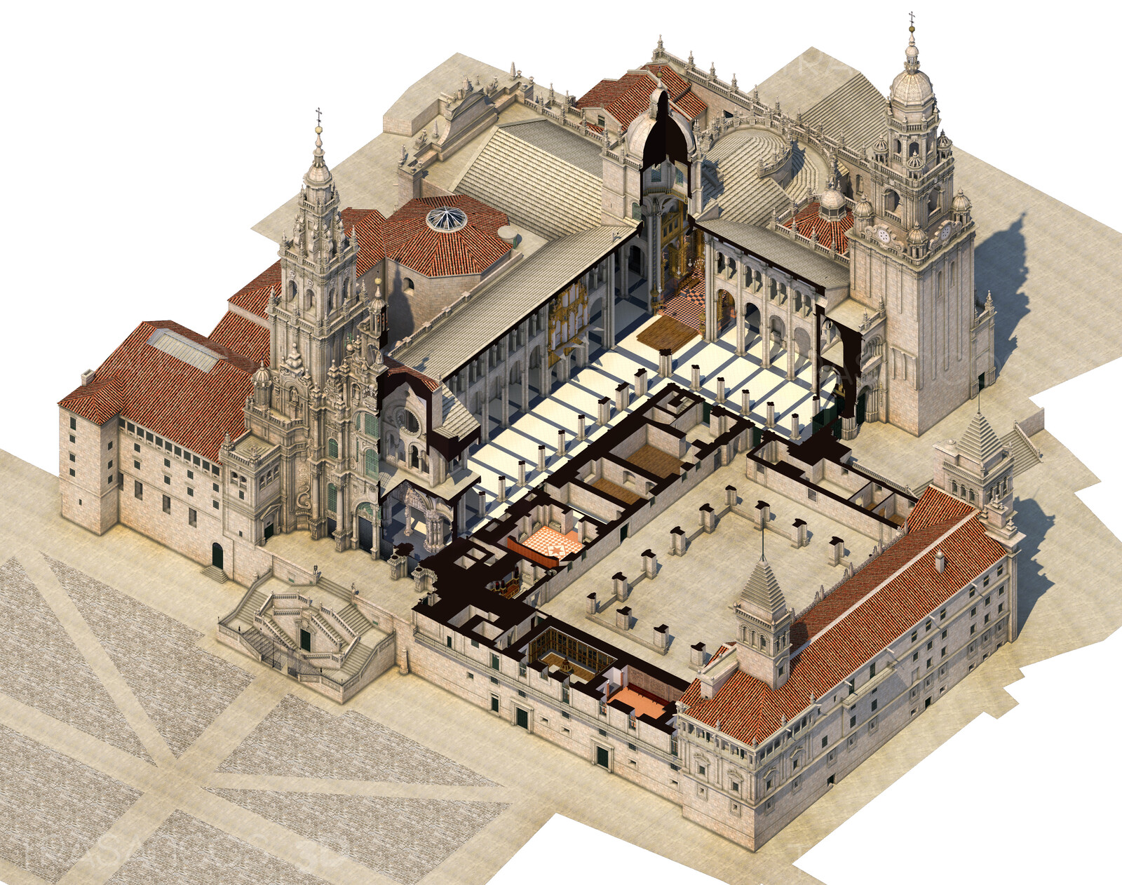 3D illustration. Cut Away. Section showing the interior of the cathedral complex including the cloister and the attached chapels.