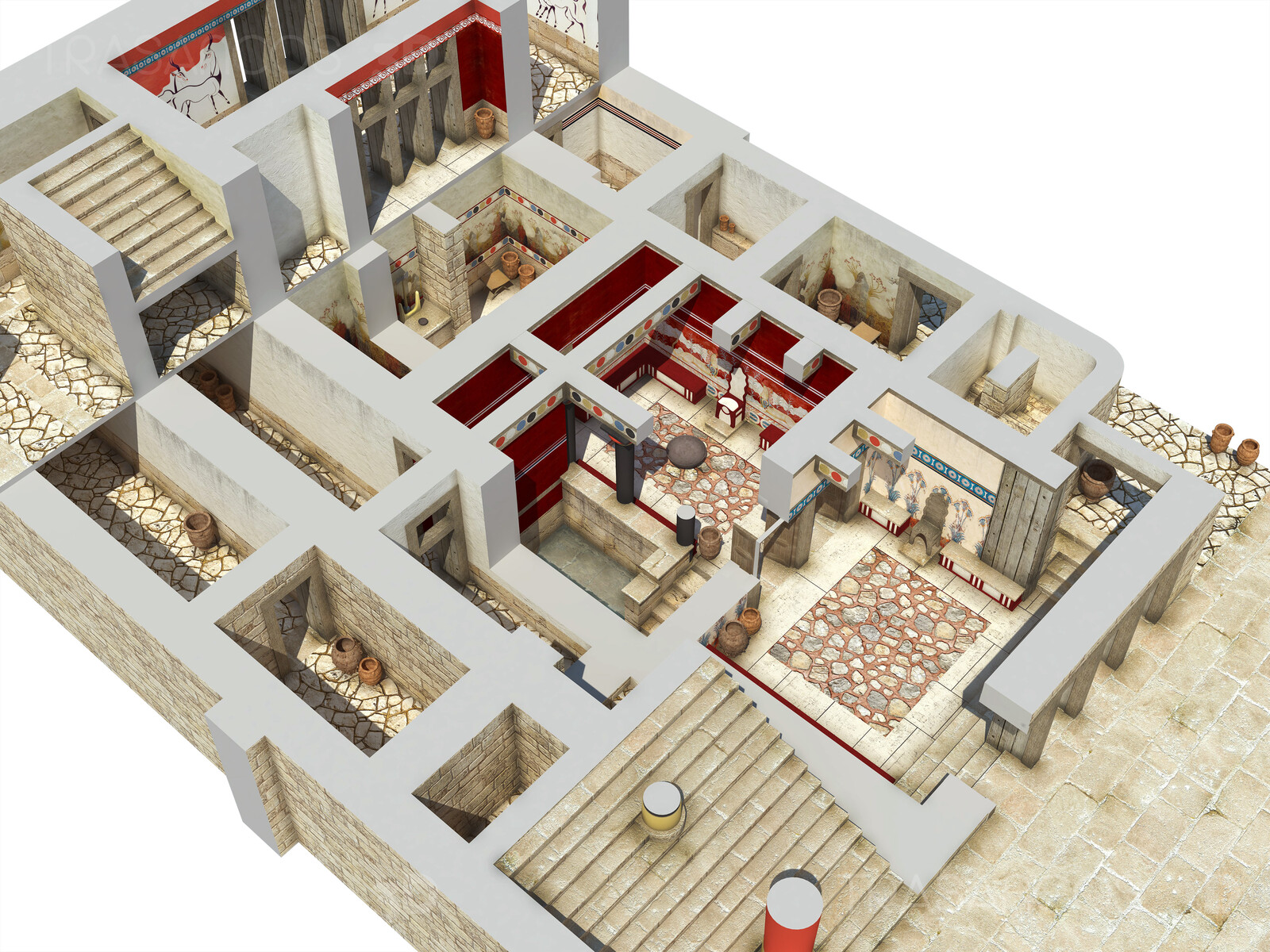 Cut away showing the interior area of the Throne Room of the Palace of Cnossos.
Modeled in collaboration with:
- Diego Blanco