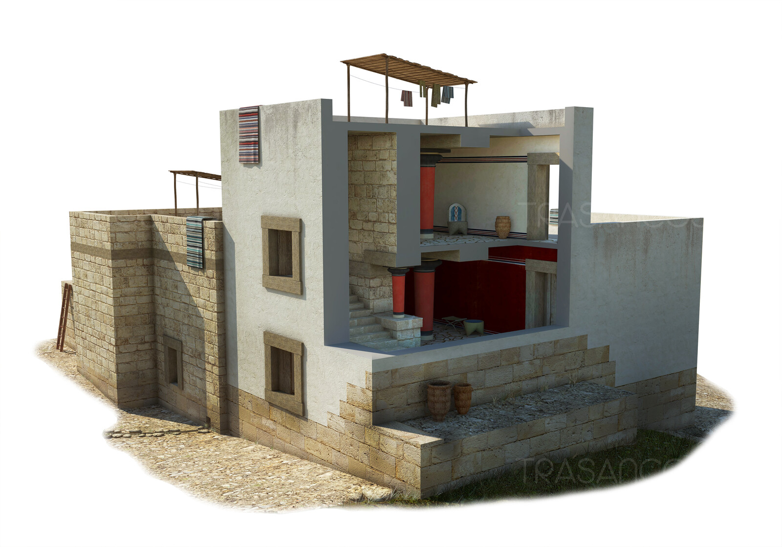Cut away of the reconstruction of the South House in Cnossos.
Modeled in collaboration with:
- Diego Blanco