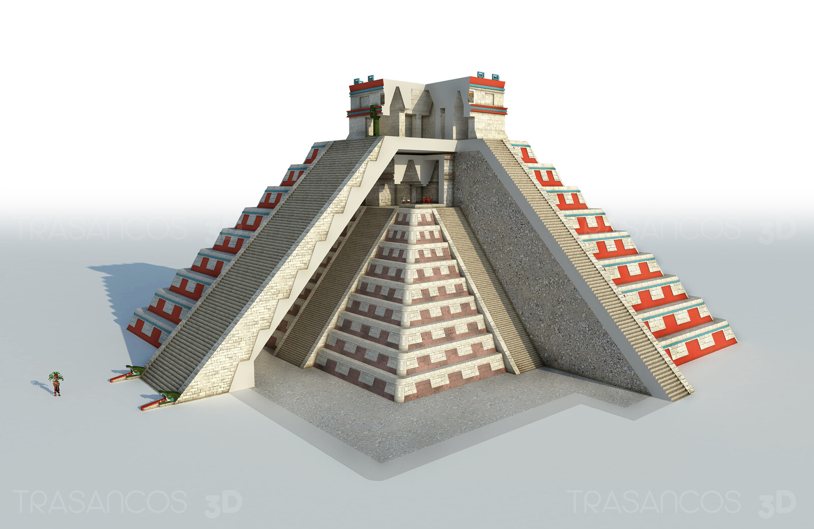 Cut away of Kukukan pyramid or 'El Castillo' in Chichen Itza, showing the ancient inner temple.
Modeled in collaboration with:
- Andrés Armesto