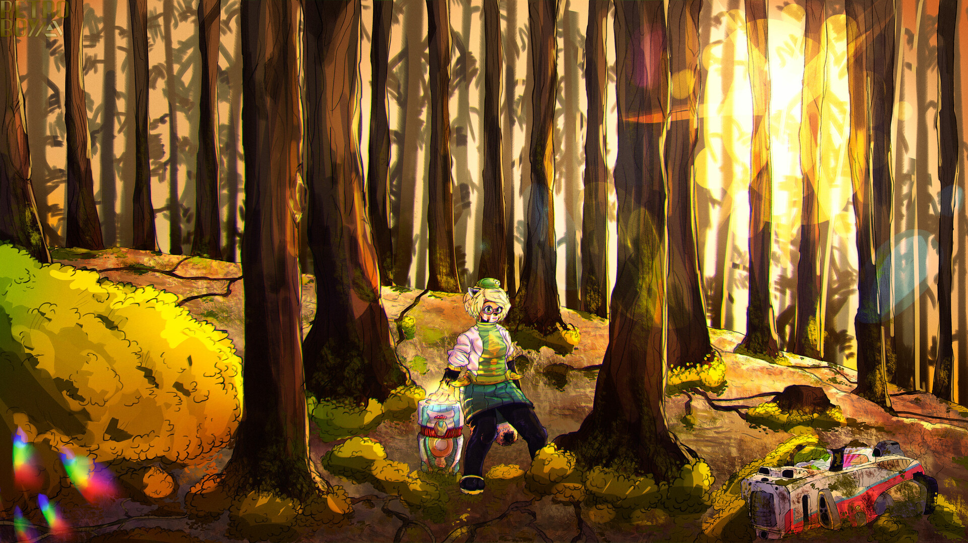 Retro Boy Yellow Florest 2d Digital Art