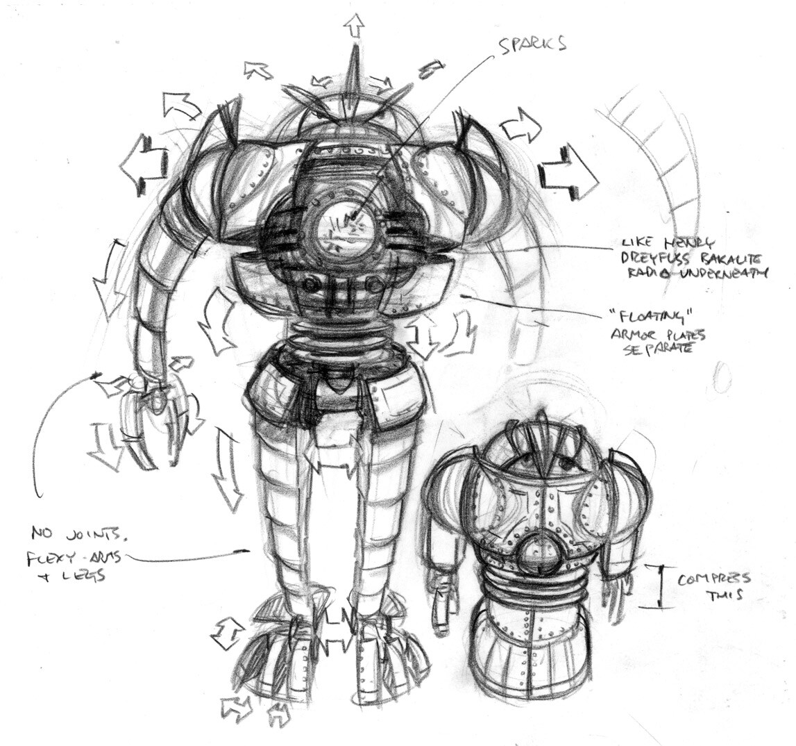 Transformation sketch showing how the earlier concept could expand mechanically from a small wind-up toy to the menacing final robot. 