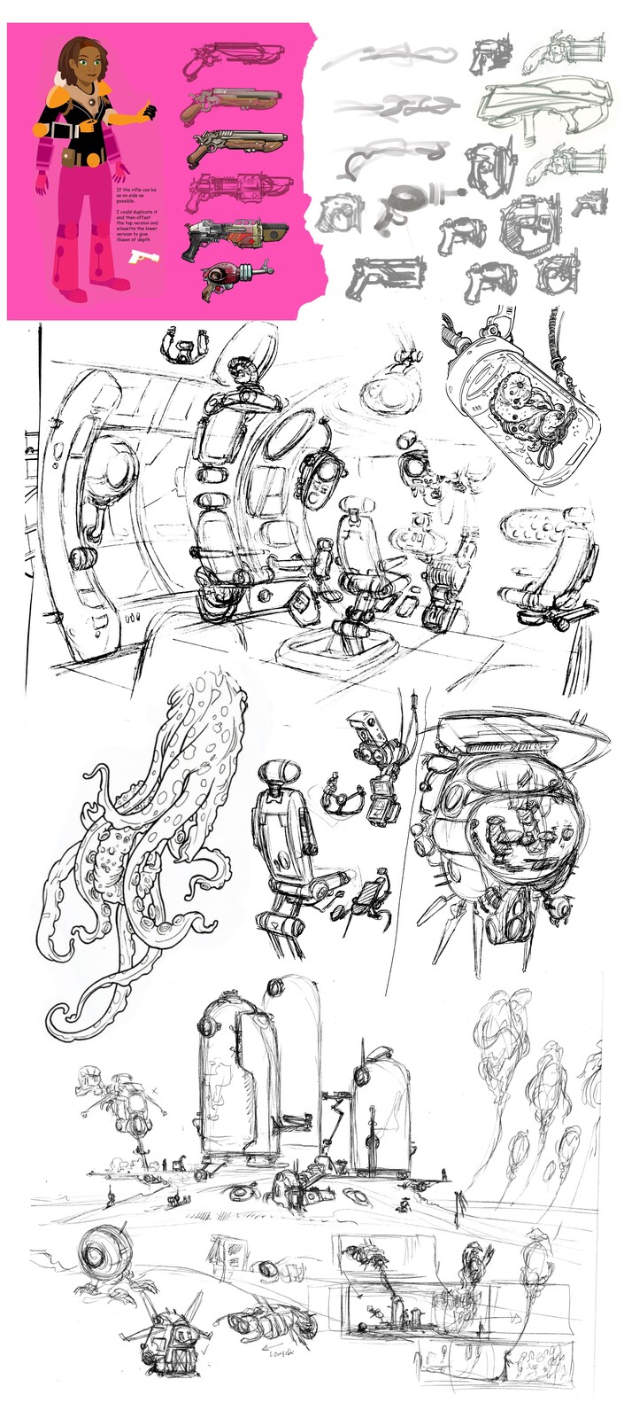 More early sketch work - The figure used here for scale against the weapons was designed and rigged by Damian Street.