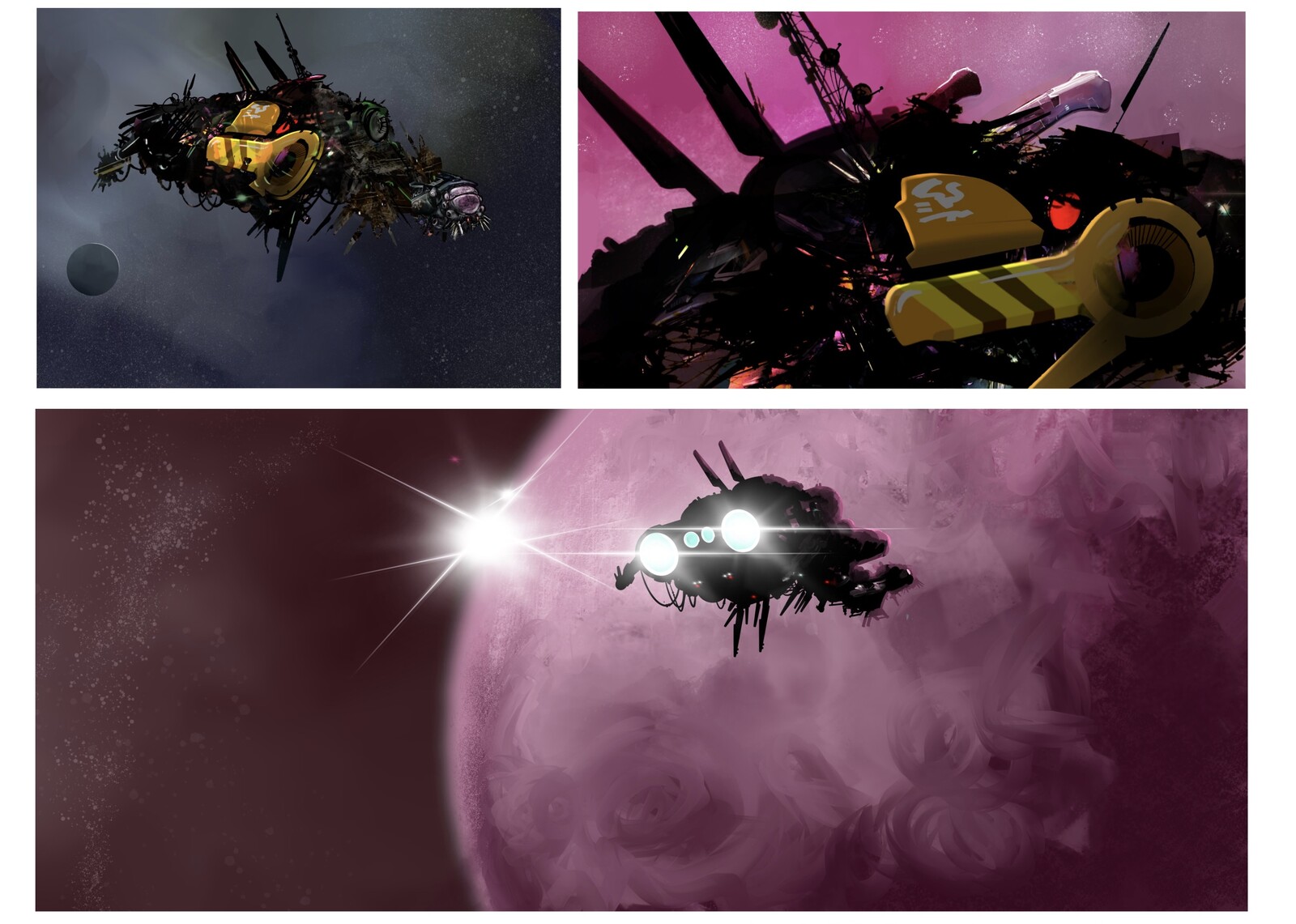 Wide and medium shots of the ship as concept art, later cut up and left on separate layers to facilitate animation.

Ship Designs based on early thumbnails by Andrew Segal.