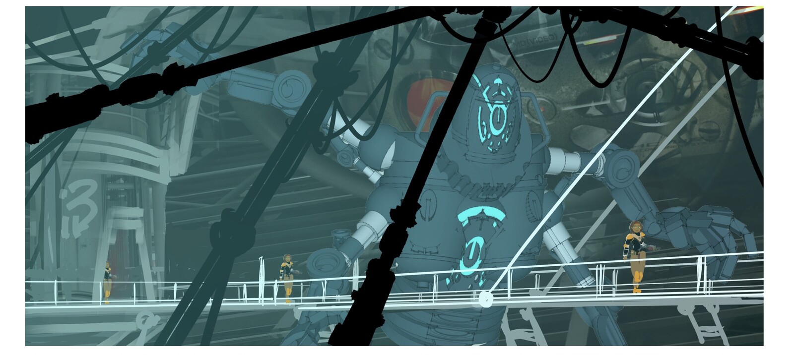The interior of the lab structure, showing the gantry and how the figures would appear walking towards the camera in perspective.