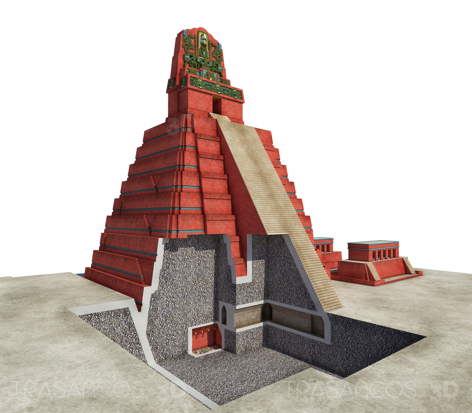 Cut away of the Temple I (or Temple of the Great Jaguar) In Tikal, showing the tomb of the king Jasaw Chan K'awil.
Modeled in collaboration with:
- Andrés Armesto
