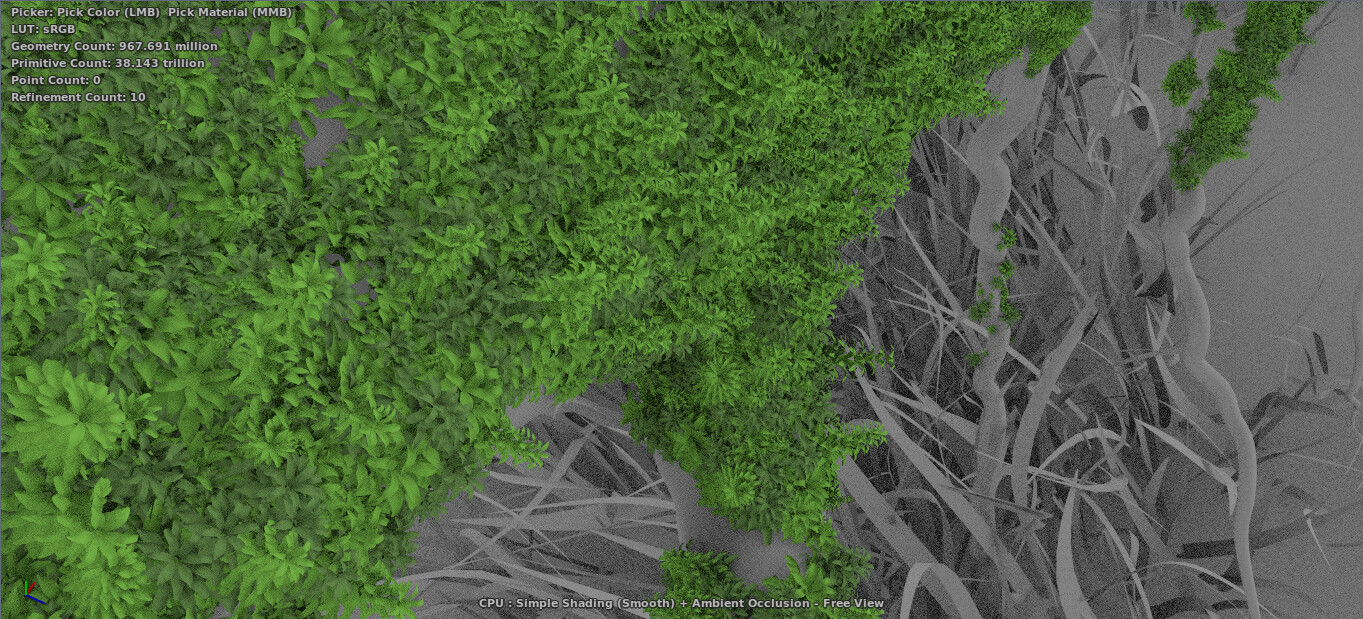 ofc i used moss that i developed on prev work.. to apply it on new item i simply had to do ctrl+c ctrl+v 1 item and change one attribute (geo) and it automaticly scattered... with fractal masking and angle/slope masking. instantly with all shaders..