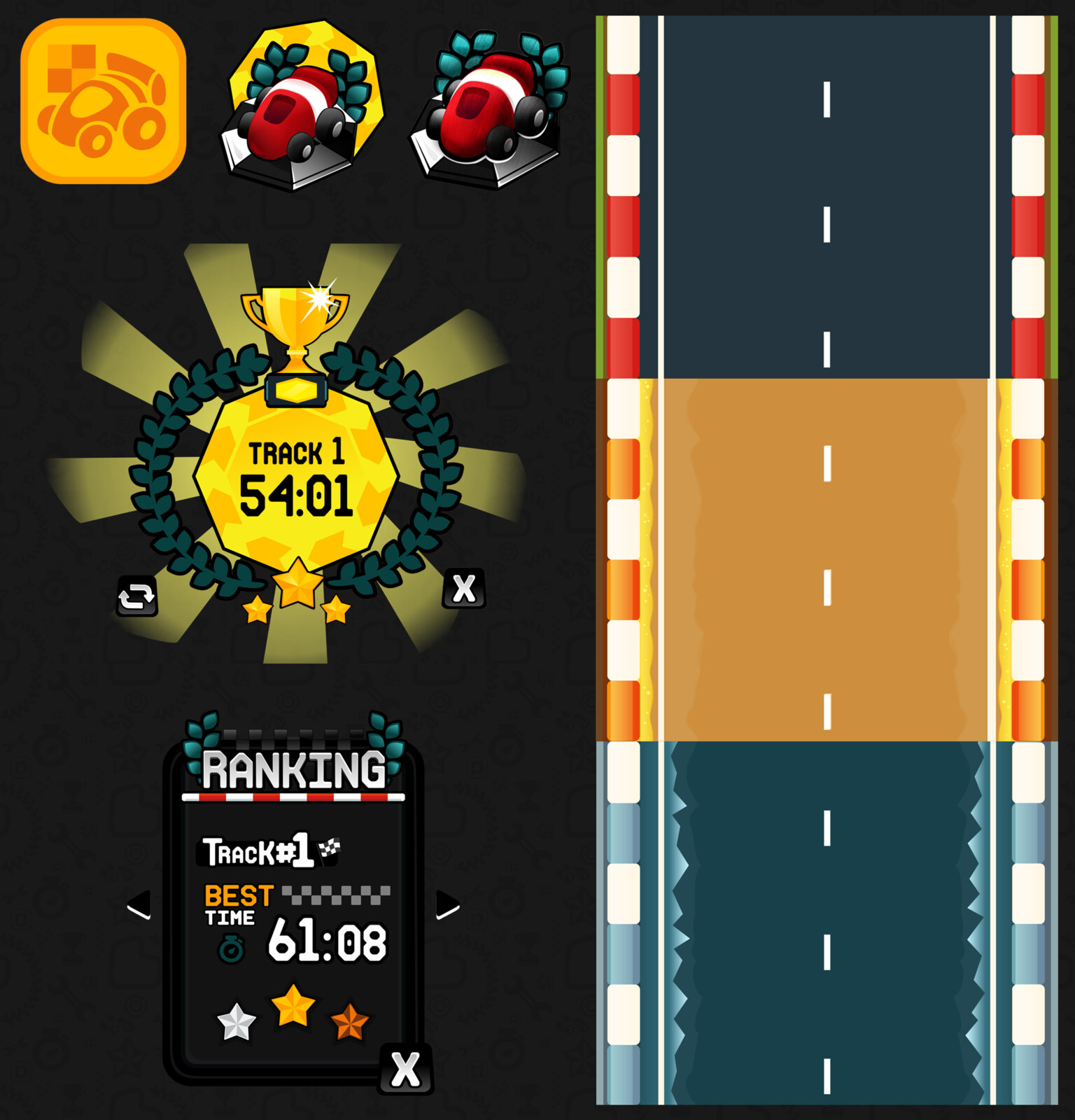 Icon designs, the three road track brushes and demos of the panels for end of race and ranking score board