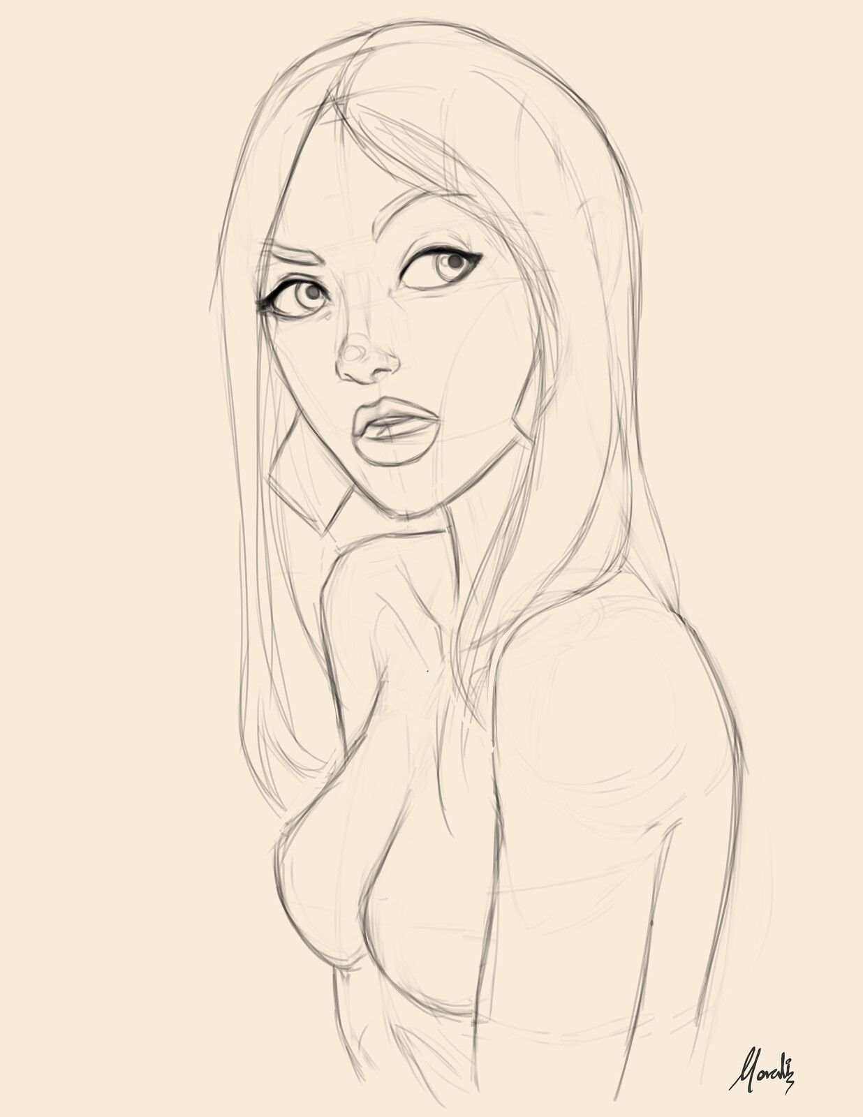The initial sketch, then I decided to go closer and crop her a bit.