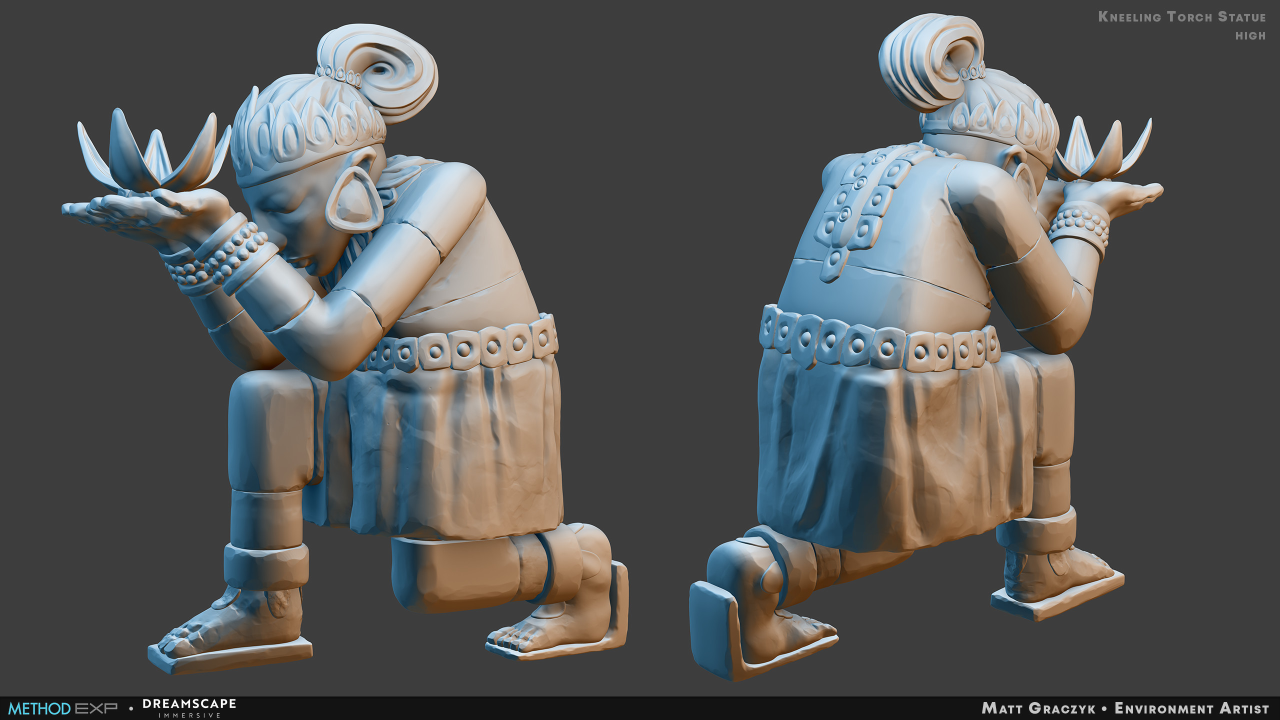 A kneeling statue figure that holds some kindling the players must light to reveal the path forwards.

I was responsible for the high poly sculpt.