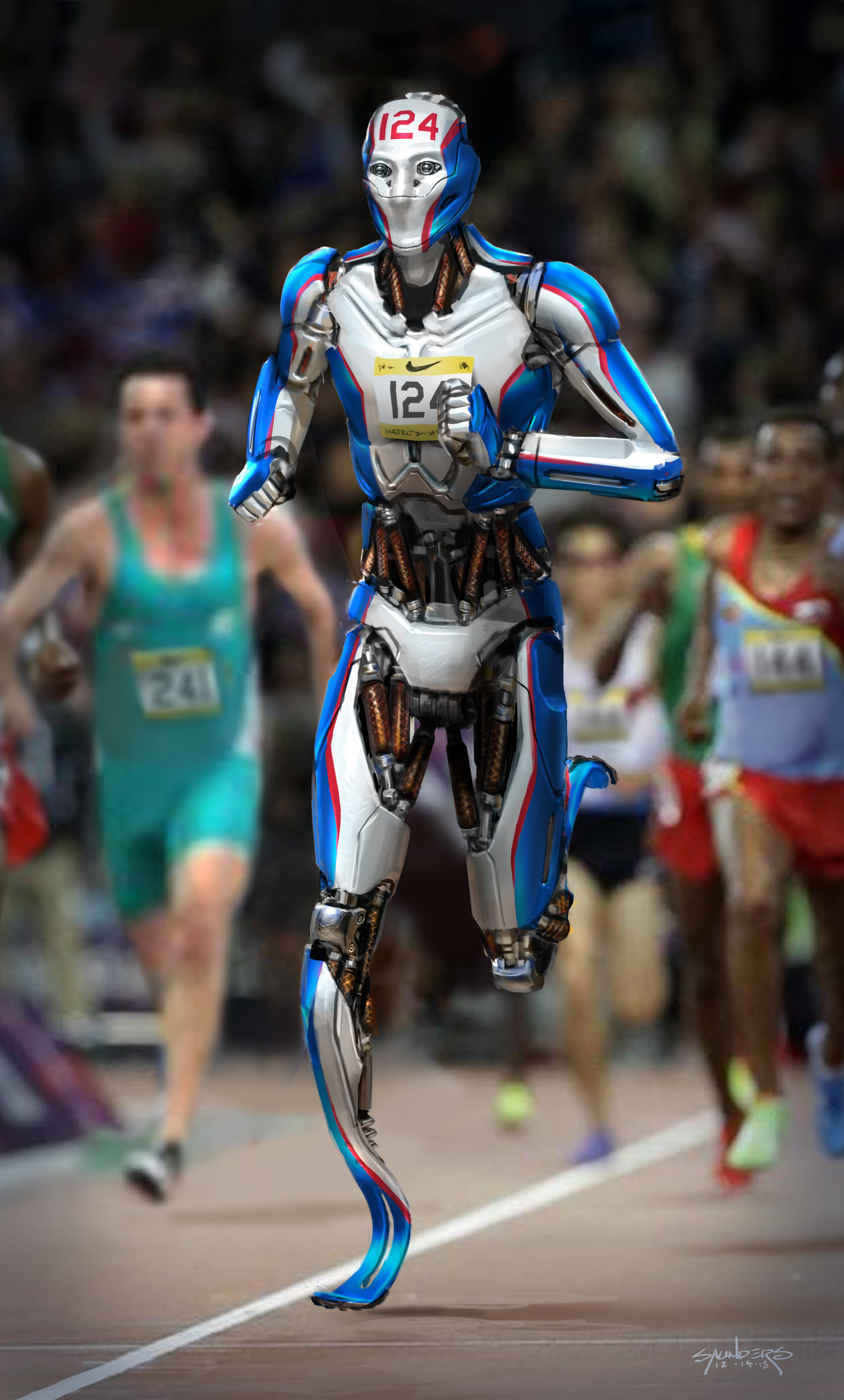 A runner bot, designed around existing head and torso costume pieces.