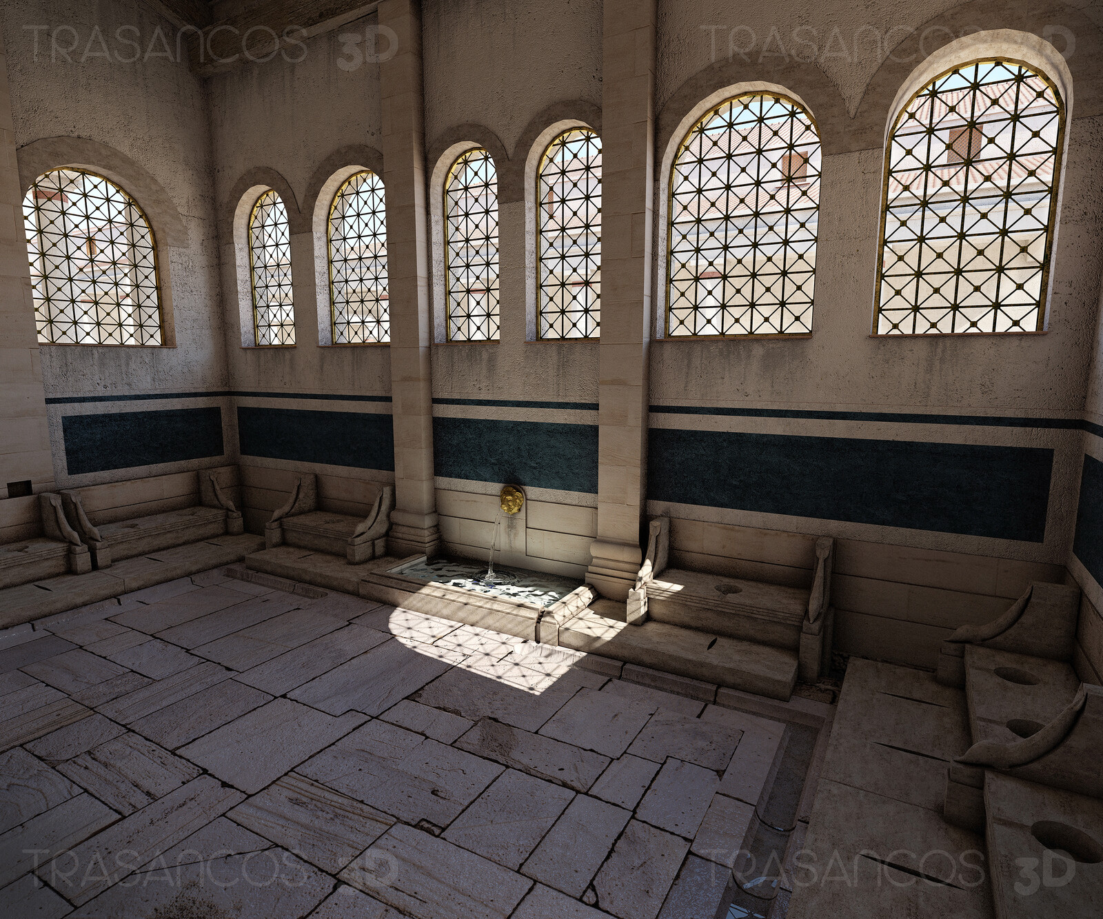 Interior of the reconstruction of one of the public letrines of Timgad.
Modeled in collaboration with:
- Alejandro Soriano