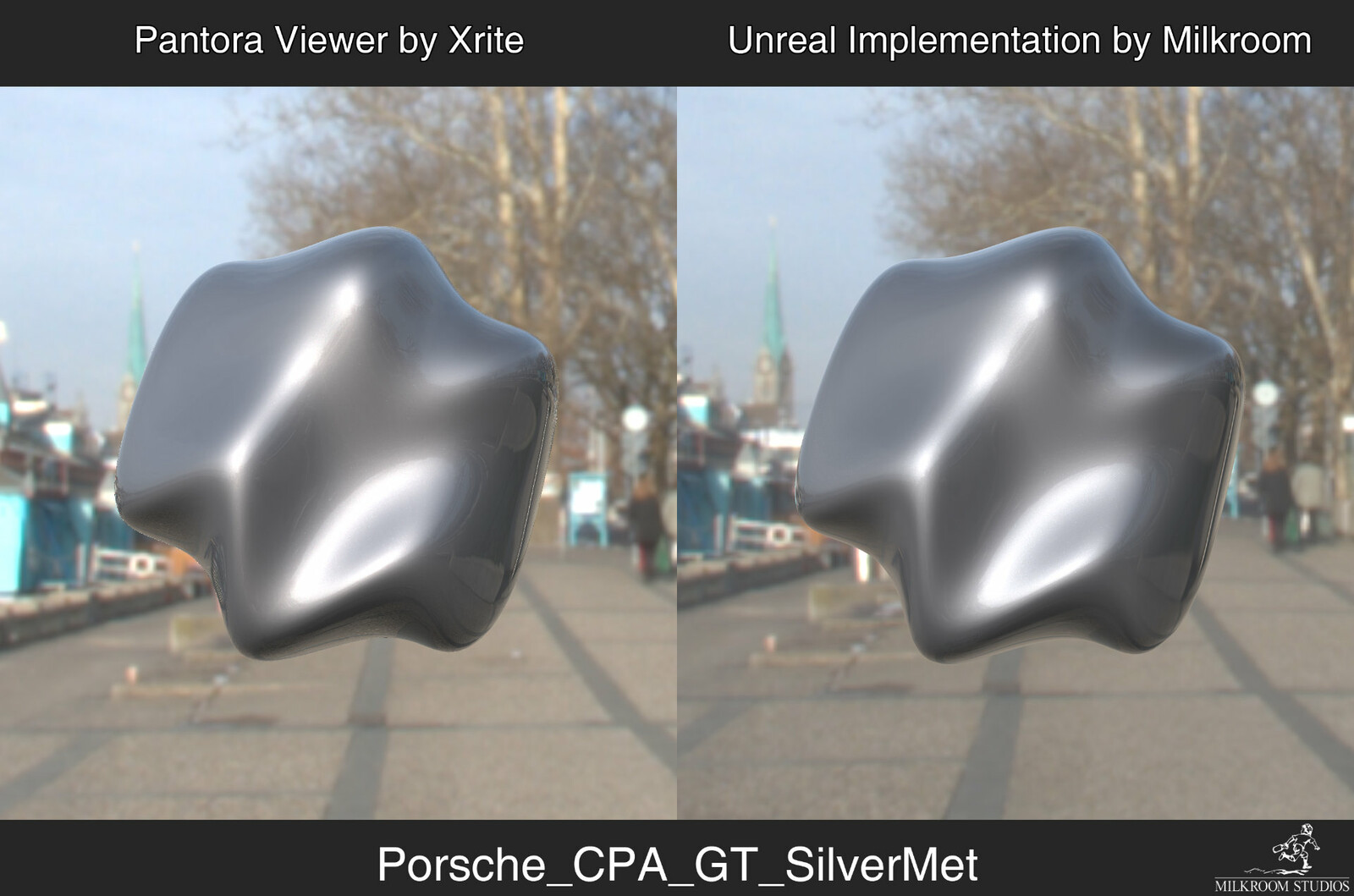 The Unreal implementation compared to the reference, Xrite's Pantora Viewer.