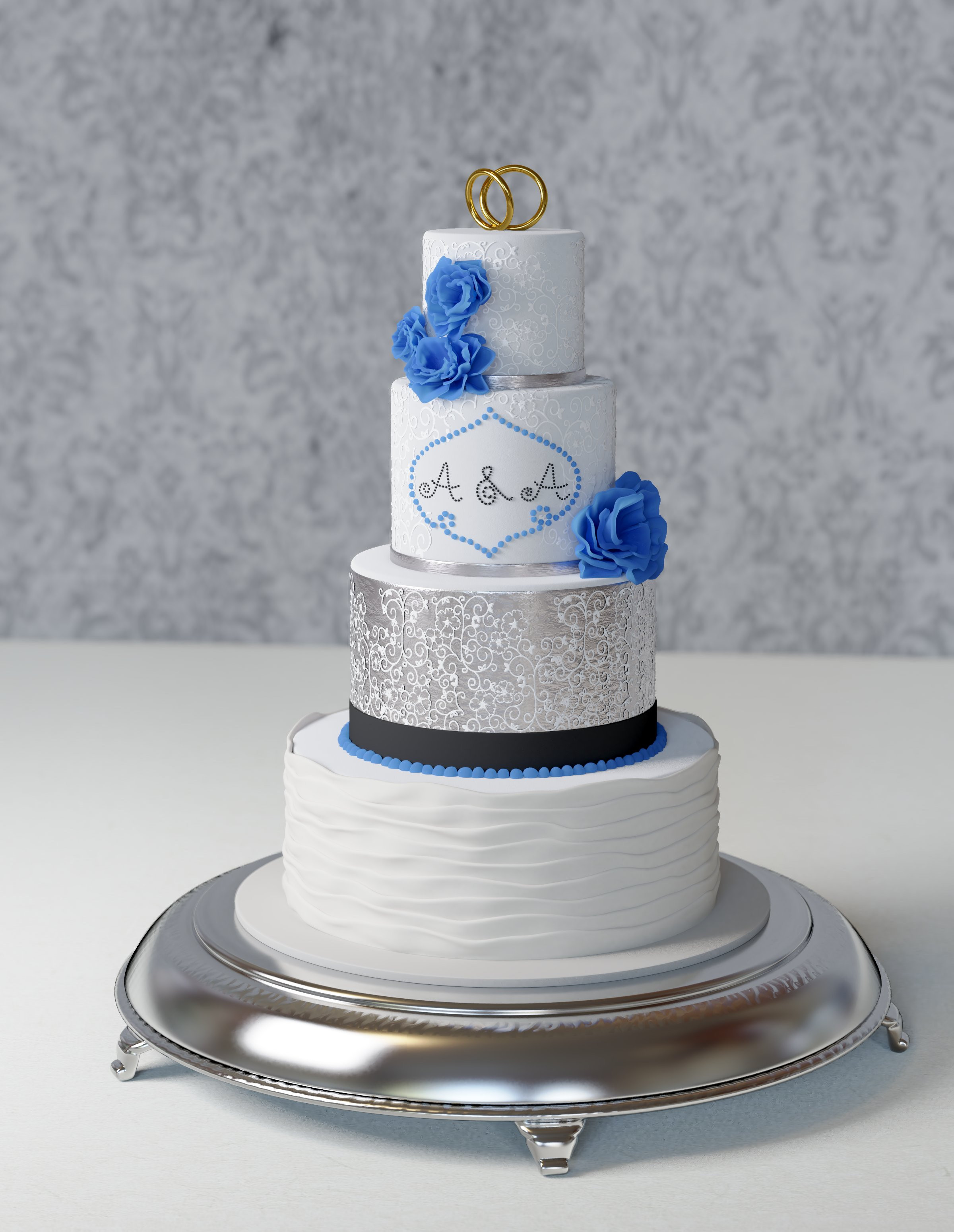 High-poly model and beauty render.
A wedding cake, with several different materials and shapes, made using various techniques.