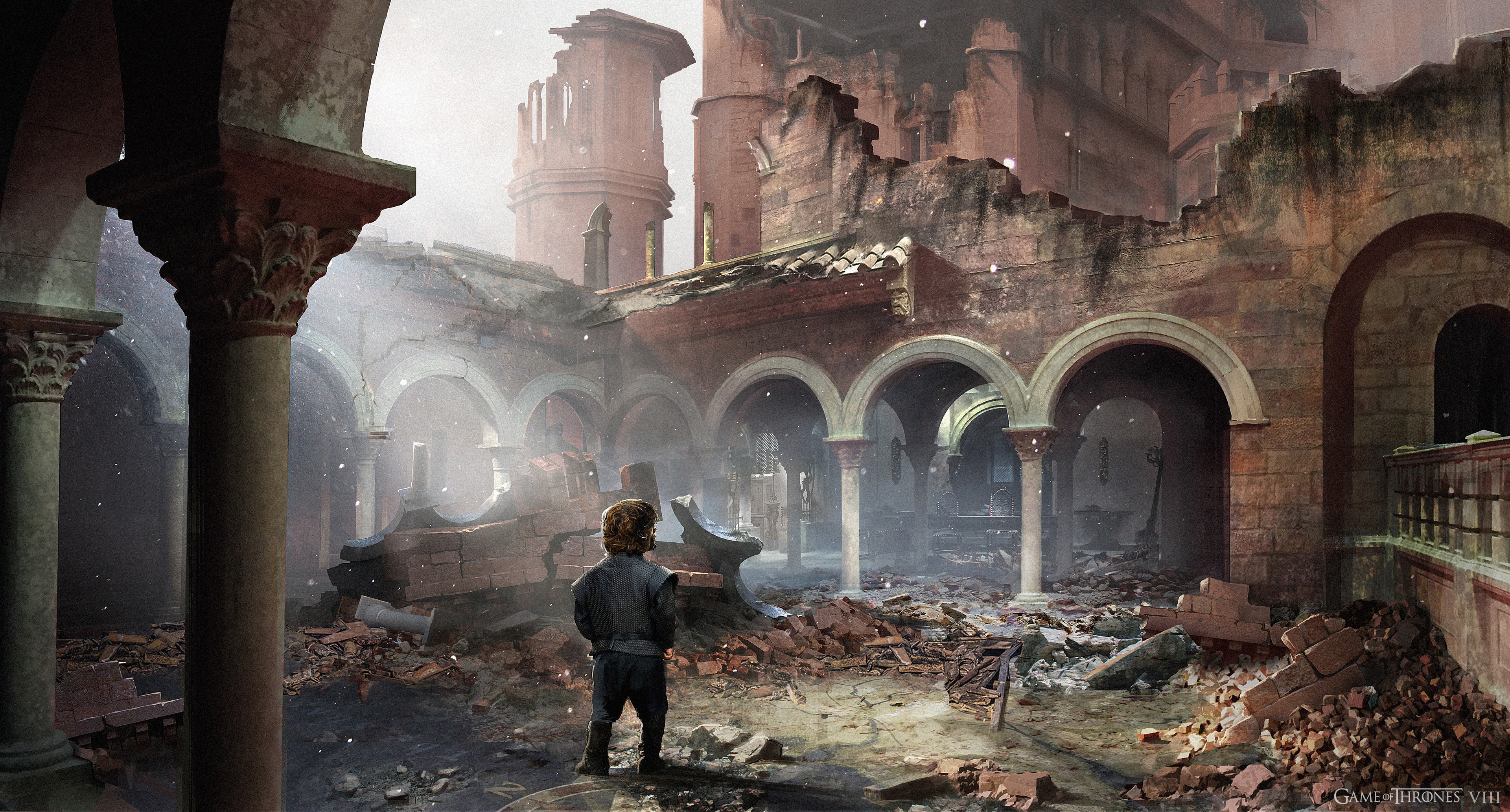 Tyrion on his search for his siblings walks over the ruined map