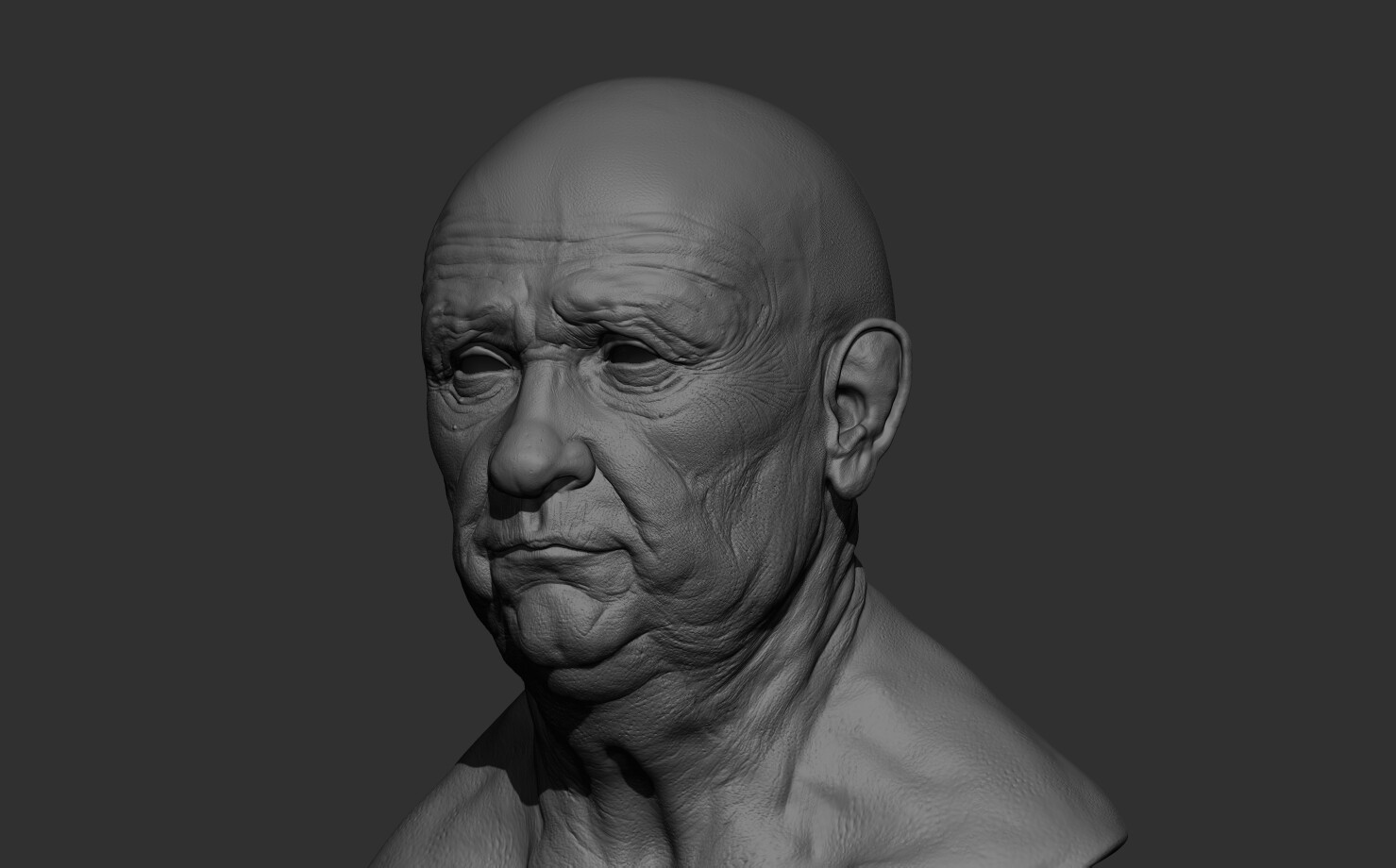 the head with the weigth of the flash and fat around his face, plus all the wrincles and pores sculpt manually