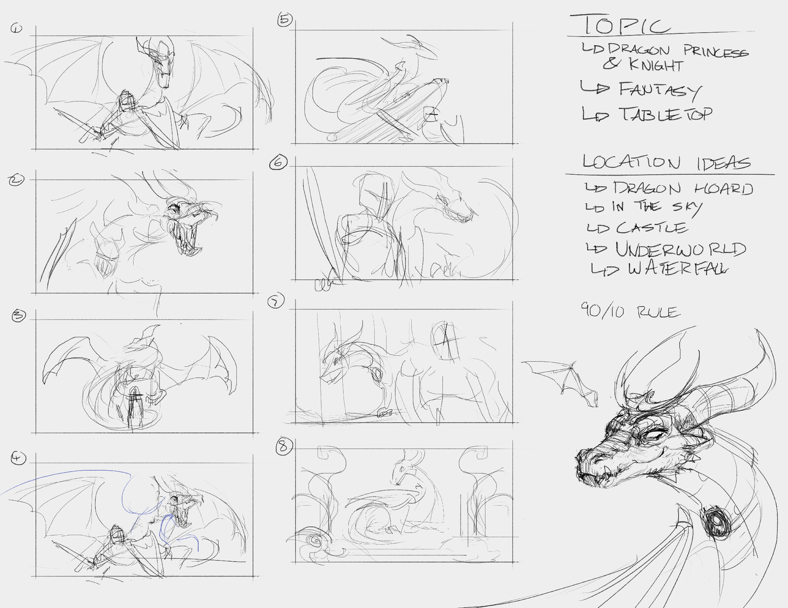 Some loose comps, ended up going between (1) and (7) to get that regal heroic pose for the dragon princess