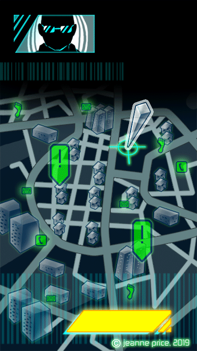 Animated Mission Select Screen mock up.
Mission types are-
! = Main spy mission
Phone = Decipher
Foot = missing person
Email = Riddle