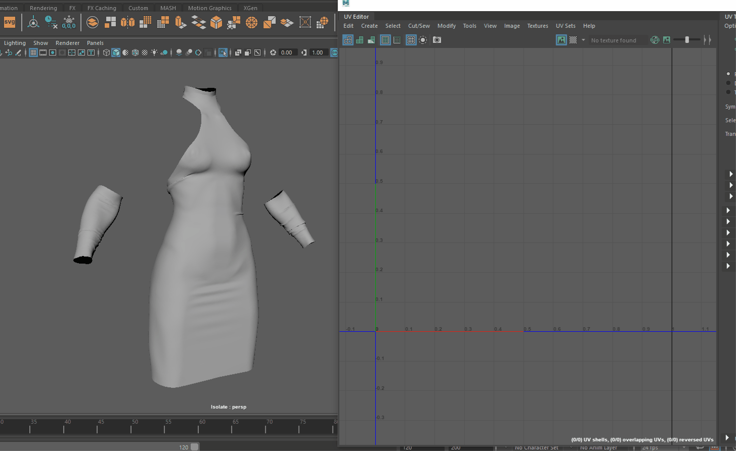 This is the original dress mesh we have out of Marvelous Designer. It has a nice UV layout! But really messy Tri geometry.
